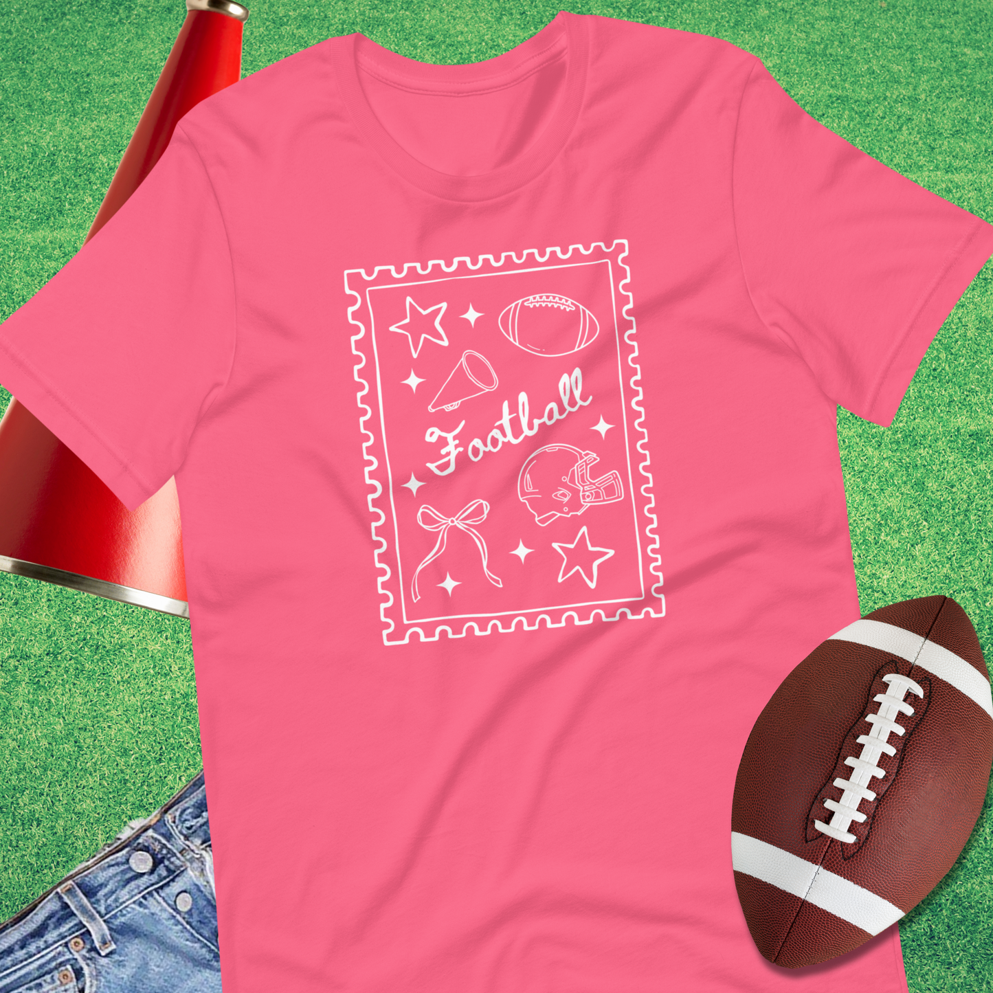 bright pink football stamp doodle t-shirt styled for casual game day outfit trendy gift