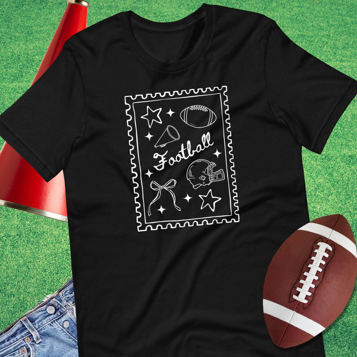 Close-up of back design with football doodles on stamp-style shirt gift trendy cutesy