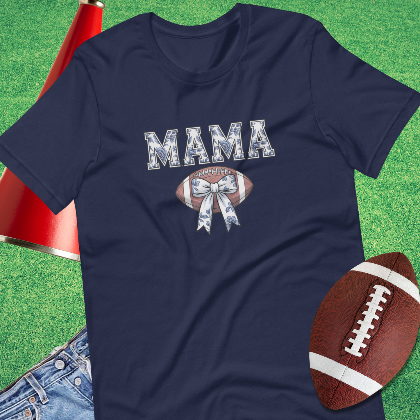Mama football t-shirt with chinoiserie floral design, coquette bow, and football graphic by Sideline Gods