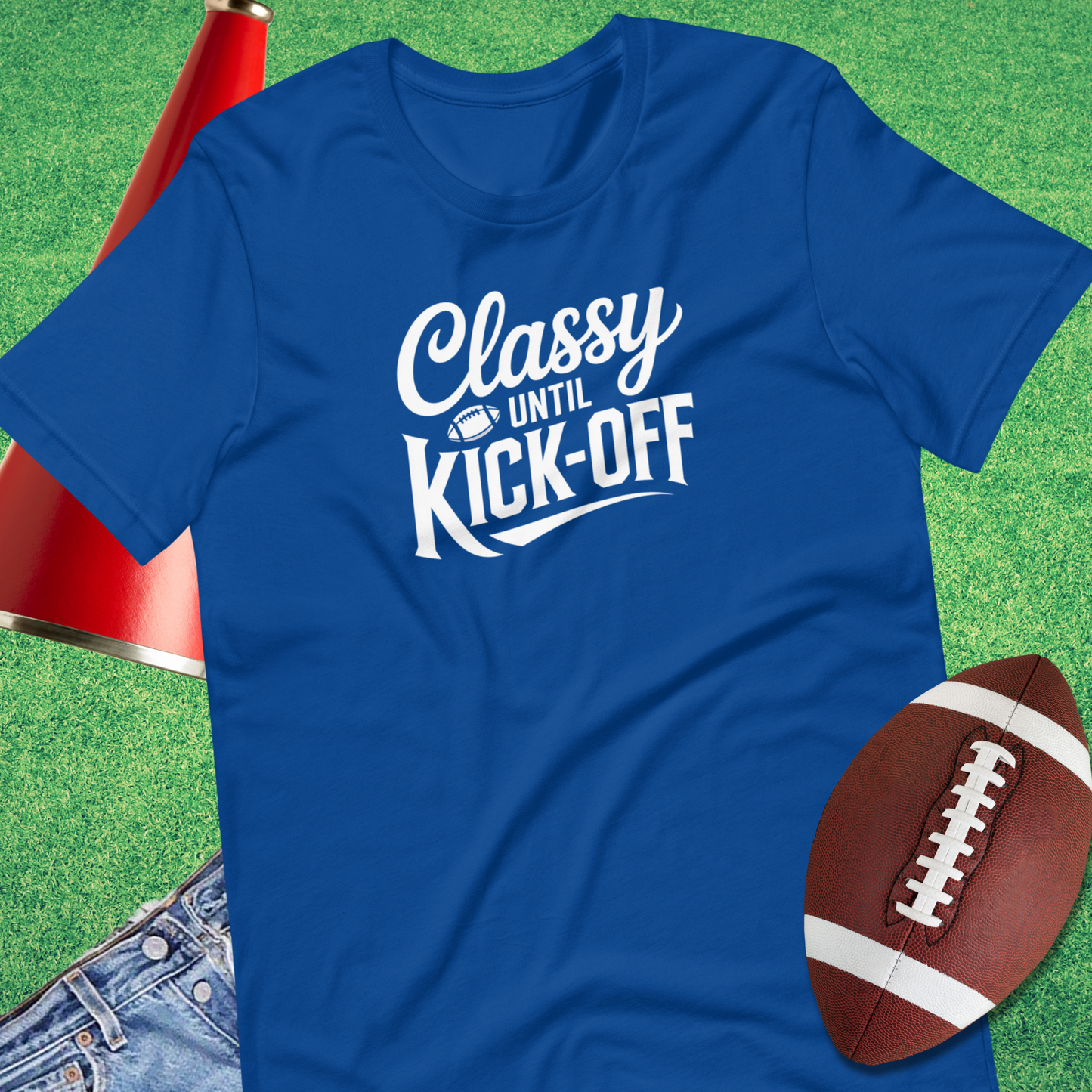 Funny football t-shirt with ‘Classy Until Kickoff’ text, ideal for fans and moms