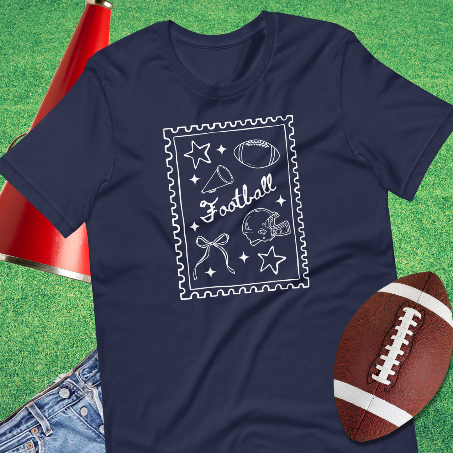 Football stamp graphic t-shirt with doodle icons by Sideline Gods gift for fan navy