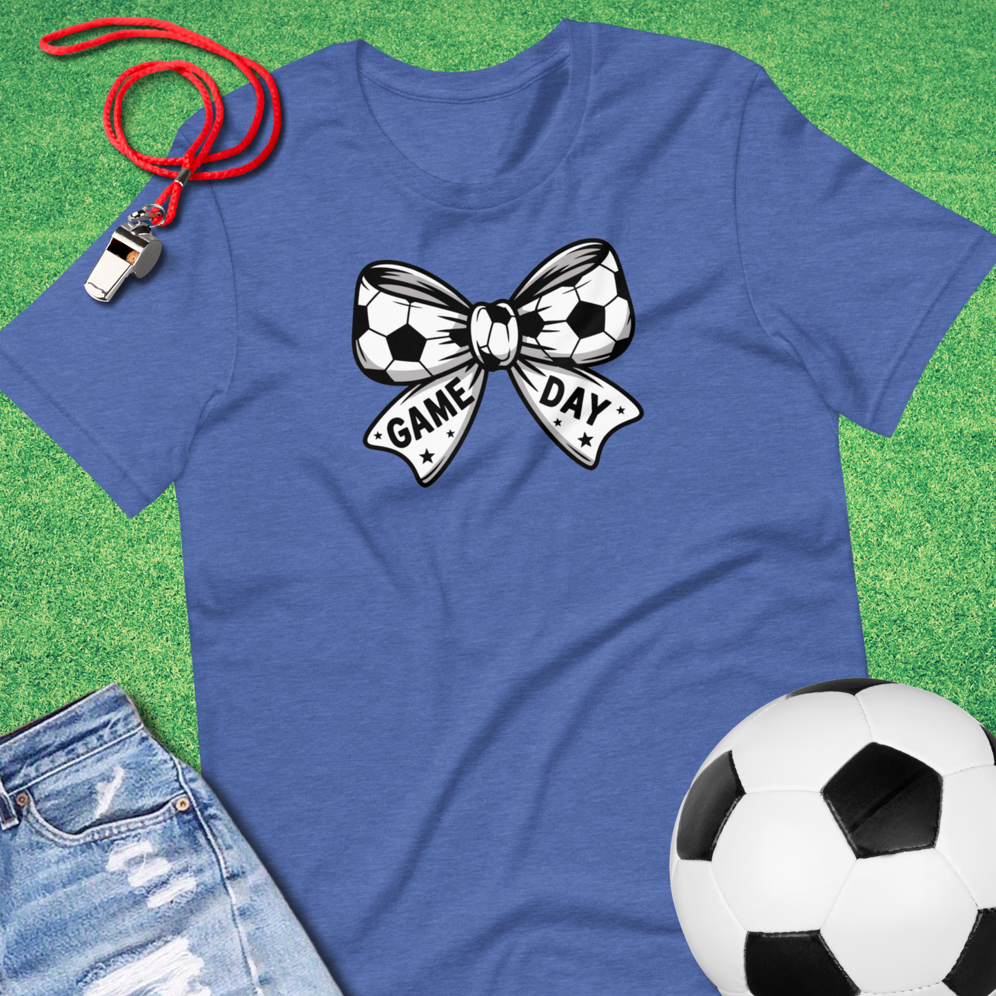 Cute soccer bow t-shirt with a soccer ball designed as a bow blue