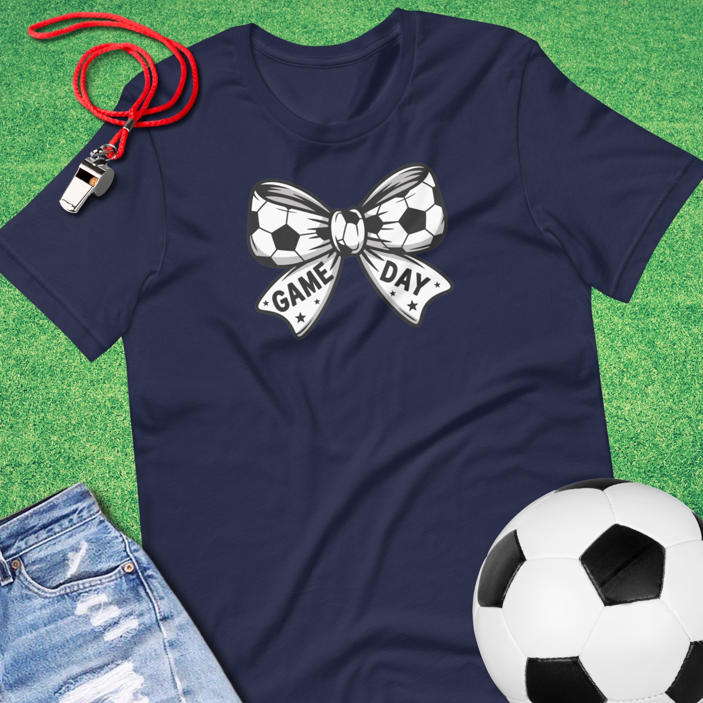 Soccer mom shirt with a playful soccer ball bow graphic navy