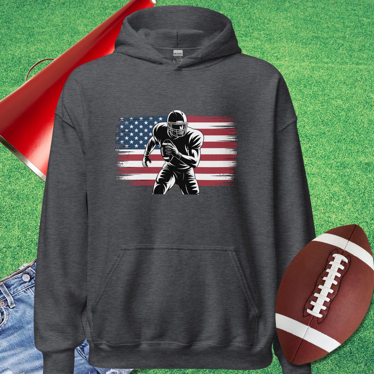 Gridiron Glory Hoodie in Dark Heather - American Flag Hoodie by Sideline Gods