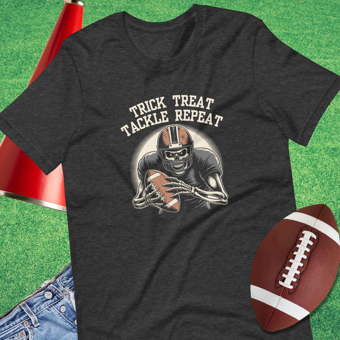 Grey Trick Treat Tackle Repeat design – spooky football t-shirt