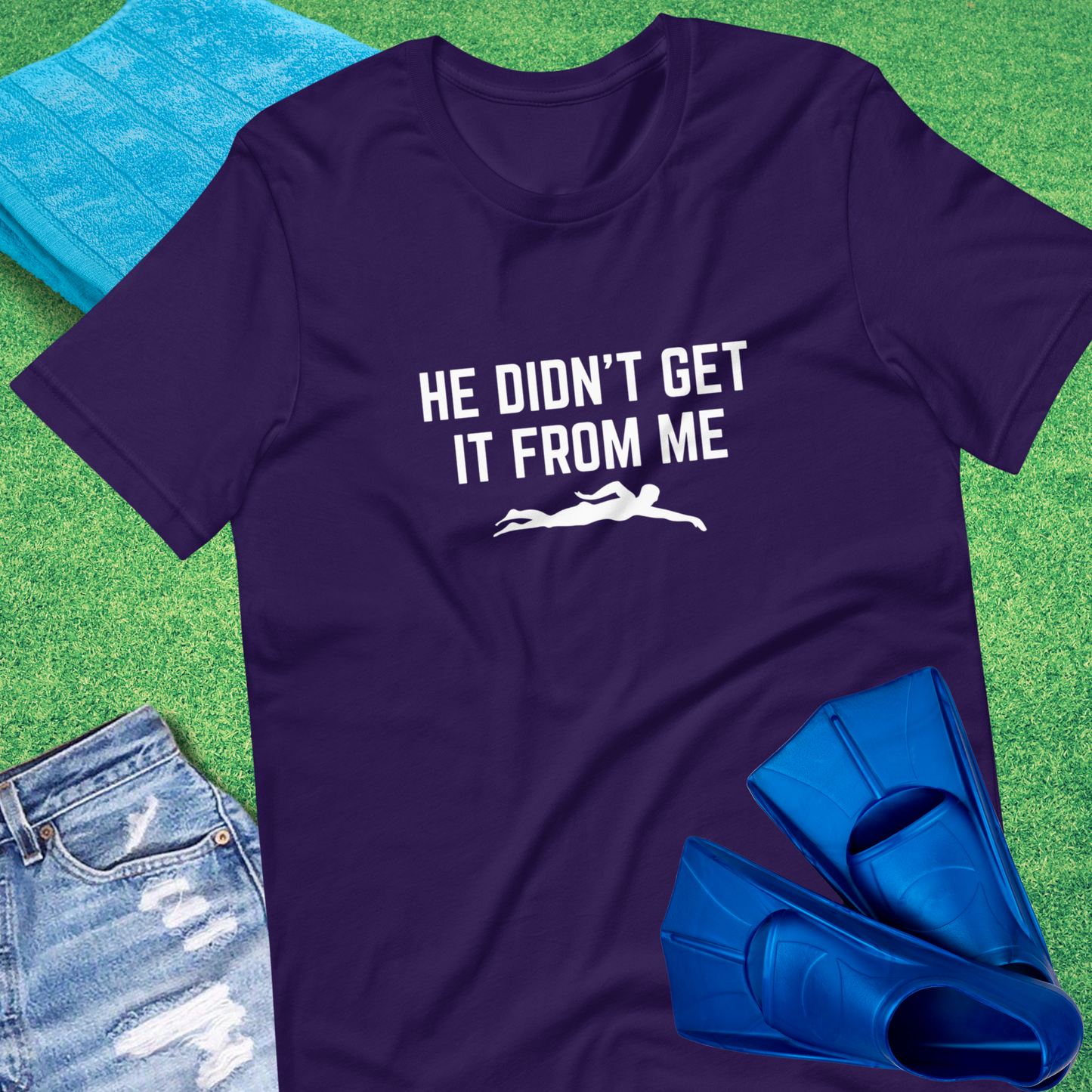 He Didn't Get Swimming From Me T-Shirt in Team Purple - Sarcastic Swim Team T-Shirt | Sideline Gods