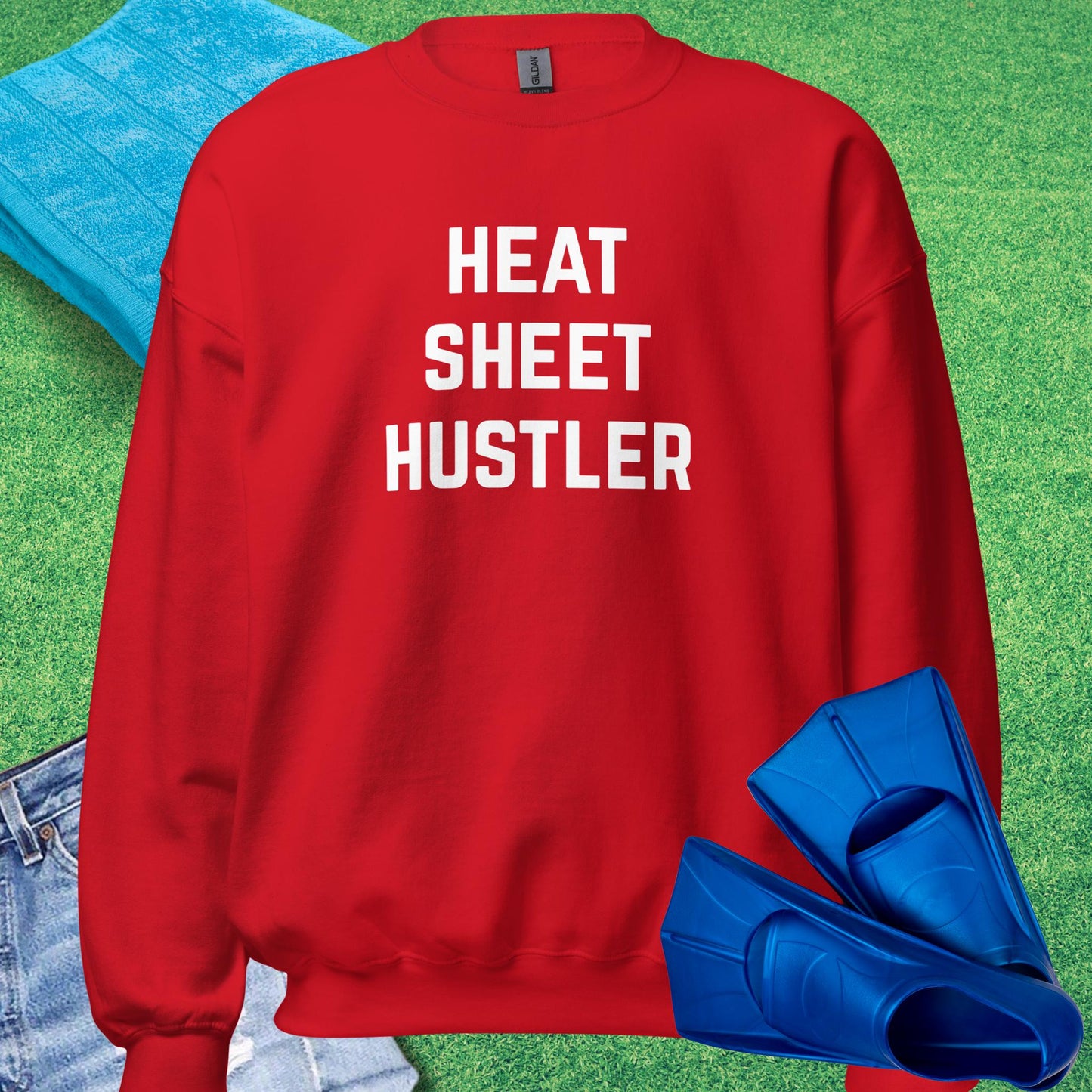 Heat Sheet Hustler Sweatshirt in Red - Humorous Swim Team Sweatshirt | Sideline Gods