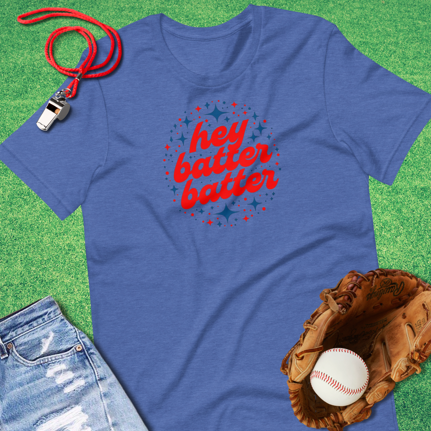 Hey Batter Batter T-Shirt in Heather True Royal - Ballpark T-Shirt | Sideline Gods