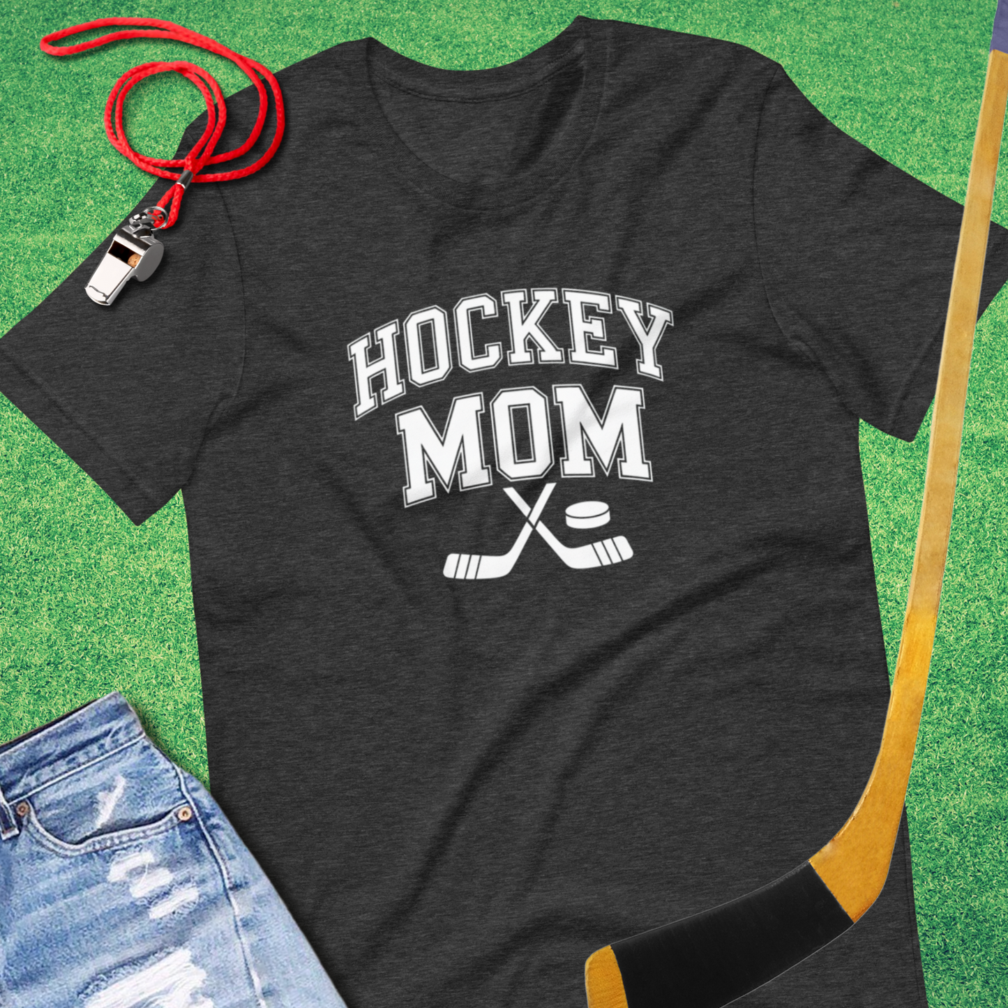 Hockey Mom Sticks and Puck T-Shirt in Dark Grey Heather - Hockey Mom T-Shirt | Sideline Gods