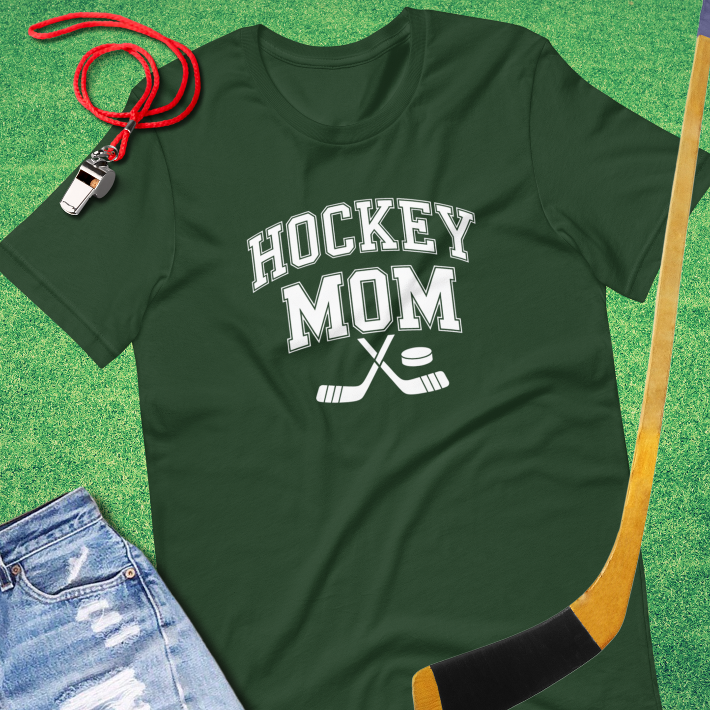 Hockey Mom Sticks and Puck T-Shirt in Forest - Cute Ice Hockey Mom T-Shirt | Sideline Gods