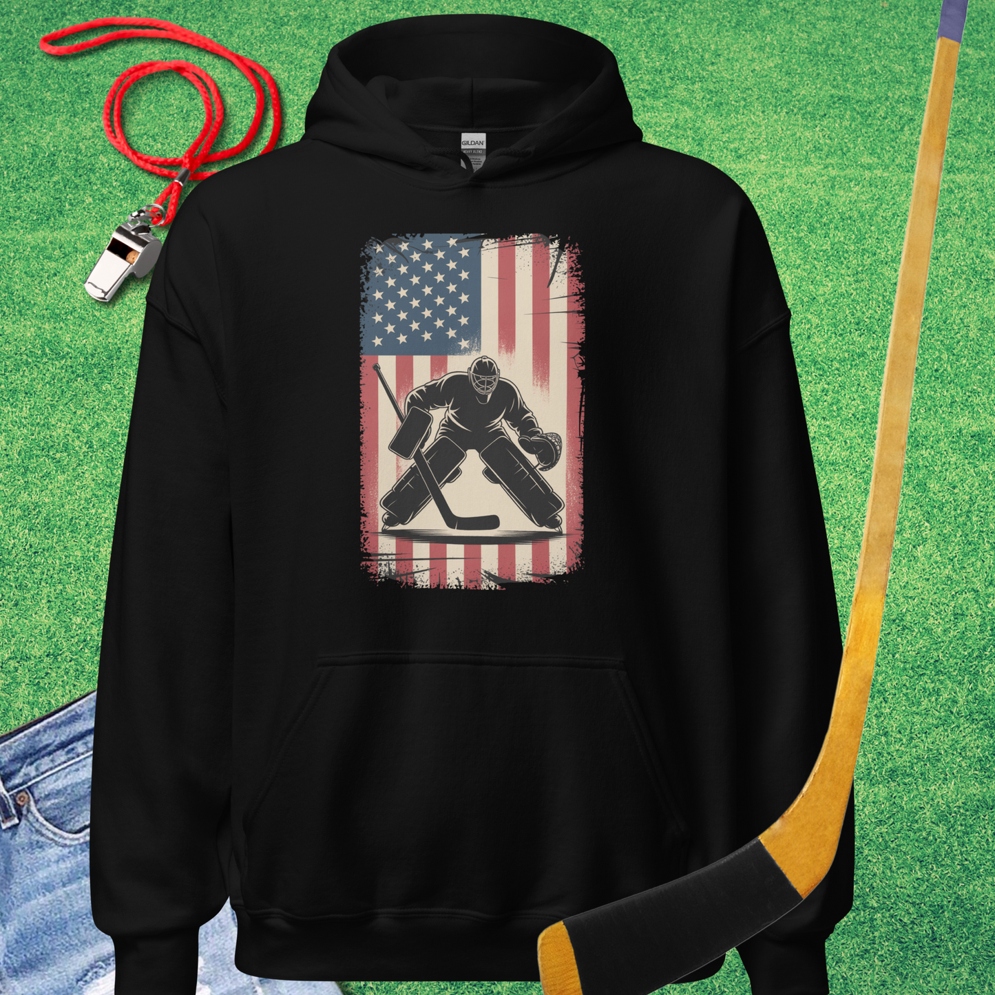 Hockey Player Flag Hoodie in Black - Patriotic Hockey Hoodie | Sideline Gods
