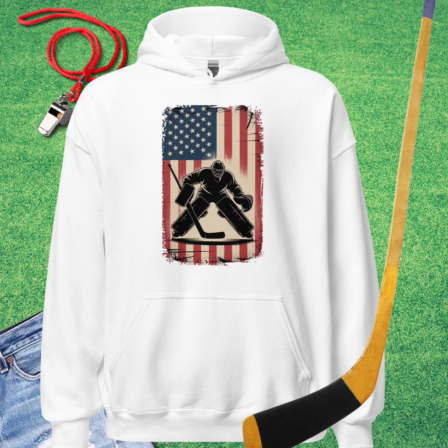 Hockey Player Flag Hoodie in White - American Flag Hockey Hoodie | Sideline Gods