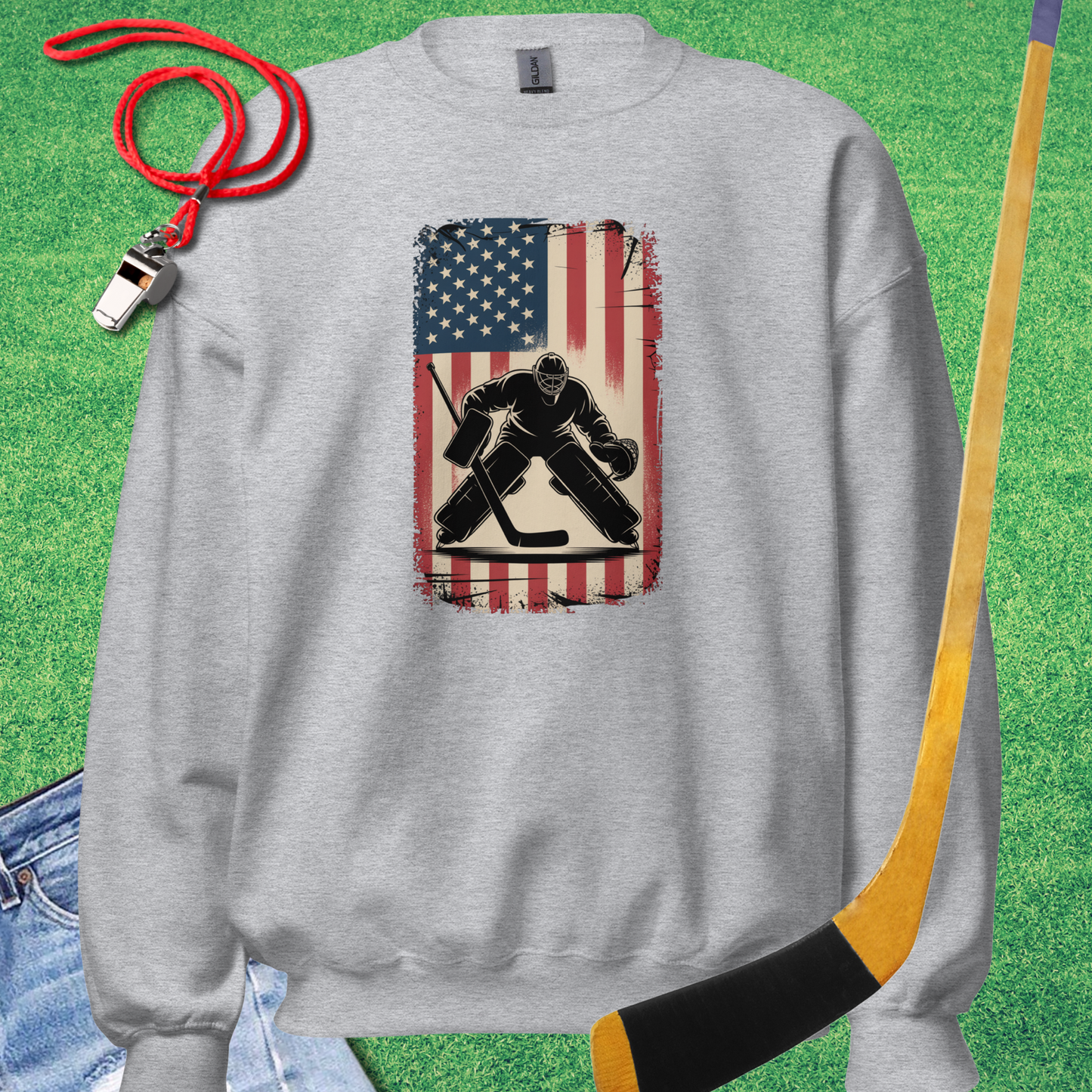 Hockey Player Flag Sweatshirt in Sport Grey - American Flag Hockey Sweatshirt | Sideline Gods