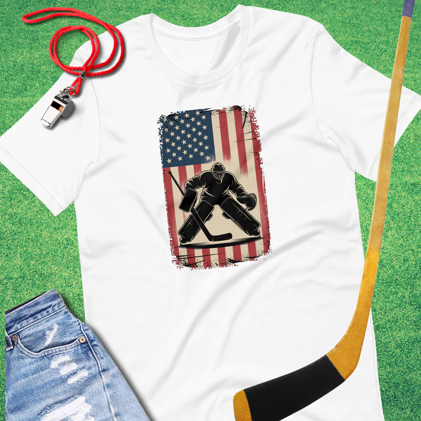 Hockey Player Flag T-Shirt in White - American Flag Hockey T-Shirt | Sideline Gods