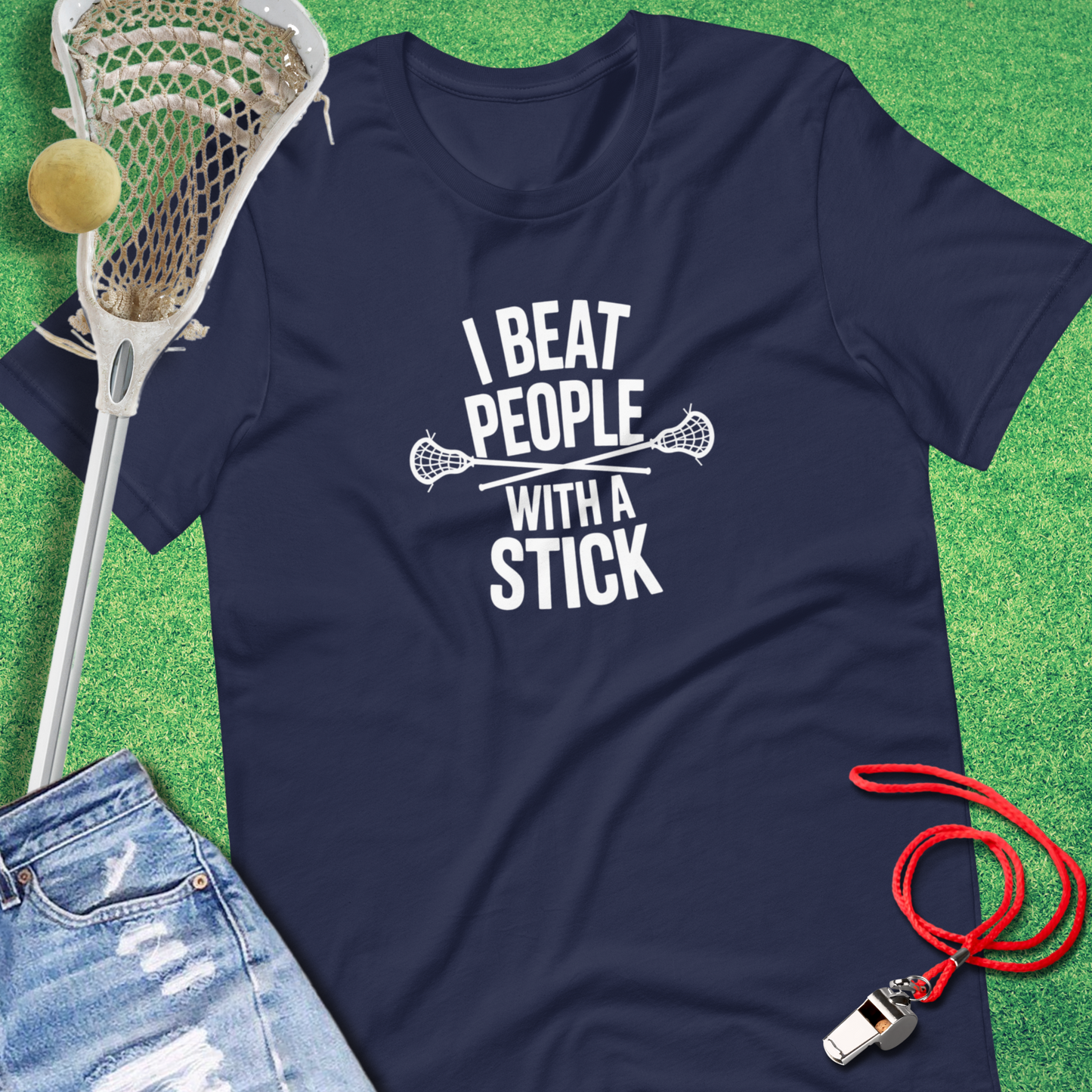 I Beat People With A Stick T-Shirt in Navy - Lacrosse Apparel for Players and Fans | Sideline Gods
