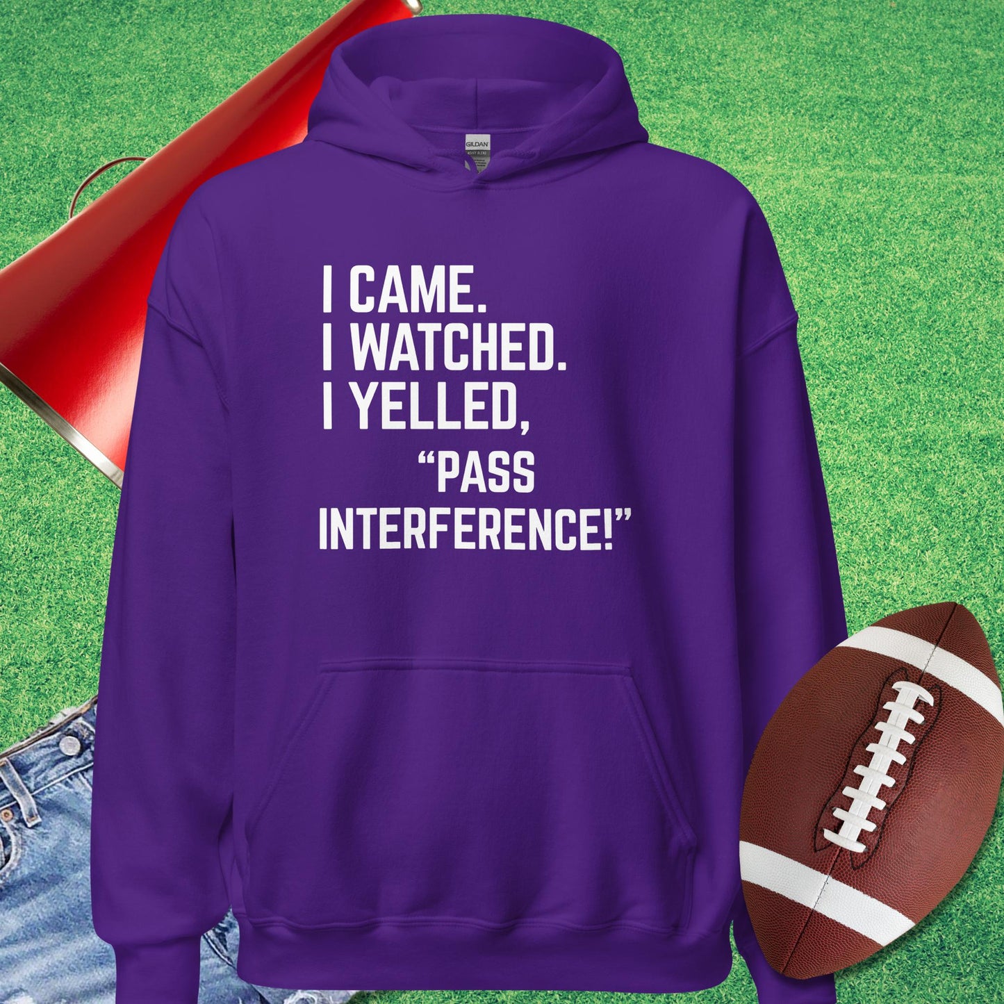 I Came I Watched I Yelled "Pass Interference" Hoodie in Purple - Novelty Football Hoodie by Sideline Gods