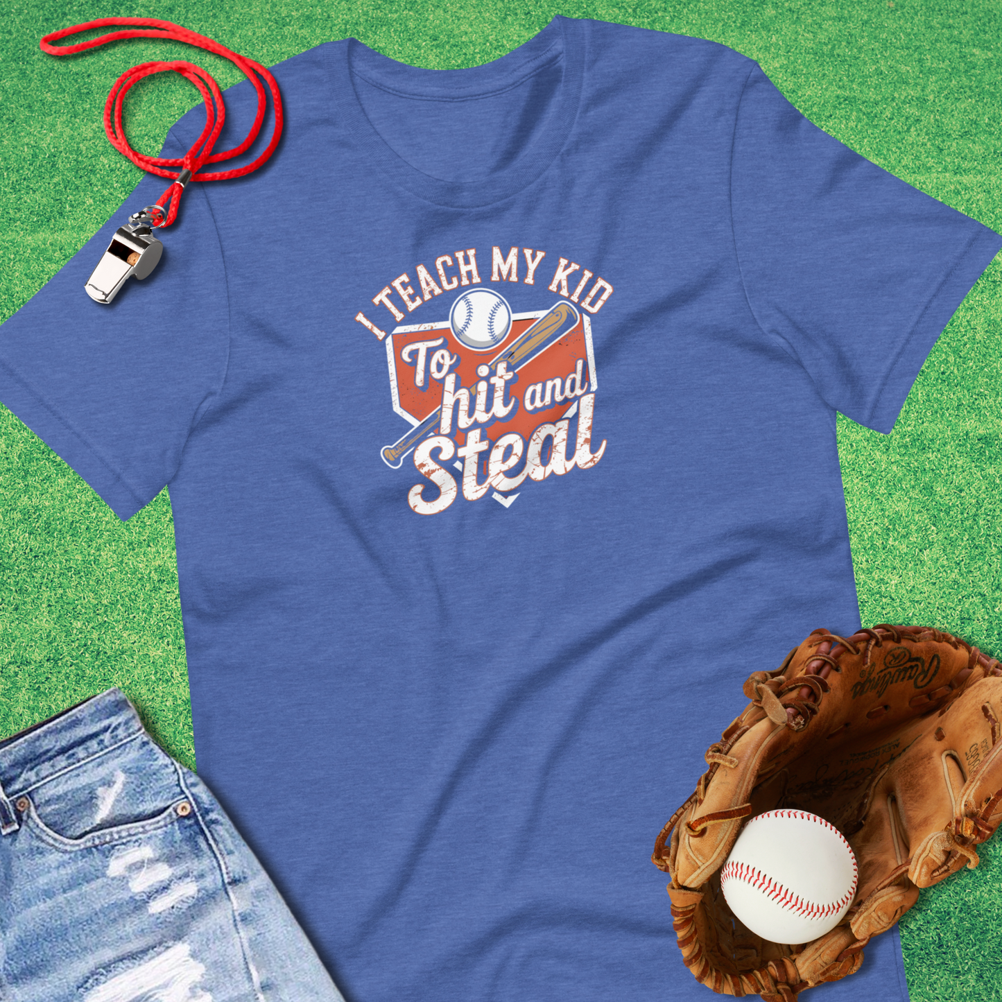 I Teach My Kid to Hit and Steal T-Shirt in Heather True Royal - Baseball Parent T-Shirt | Sideline Gods