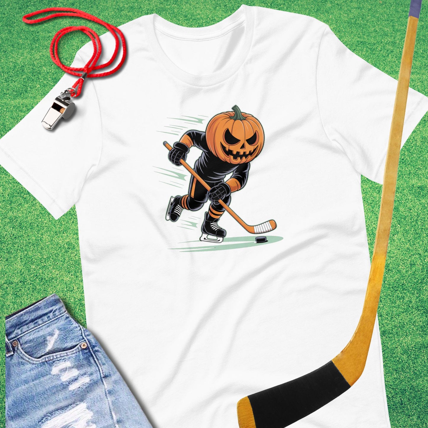 Jack O Lantern Hockey Player T-Shirt in White - October Hockey T-Shirt | Sideline Gods