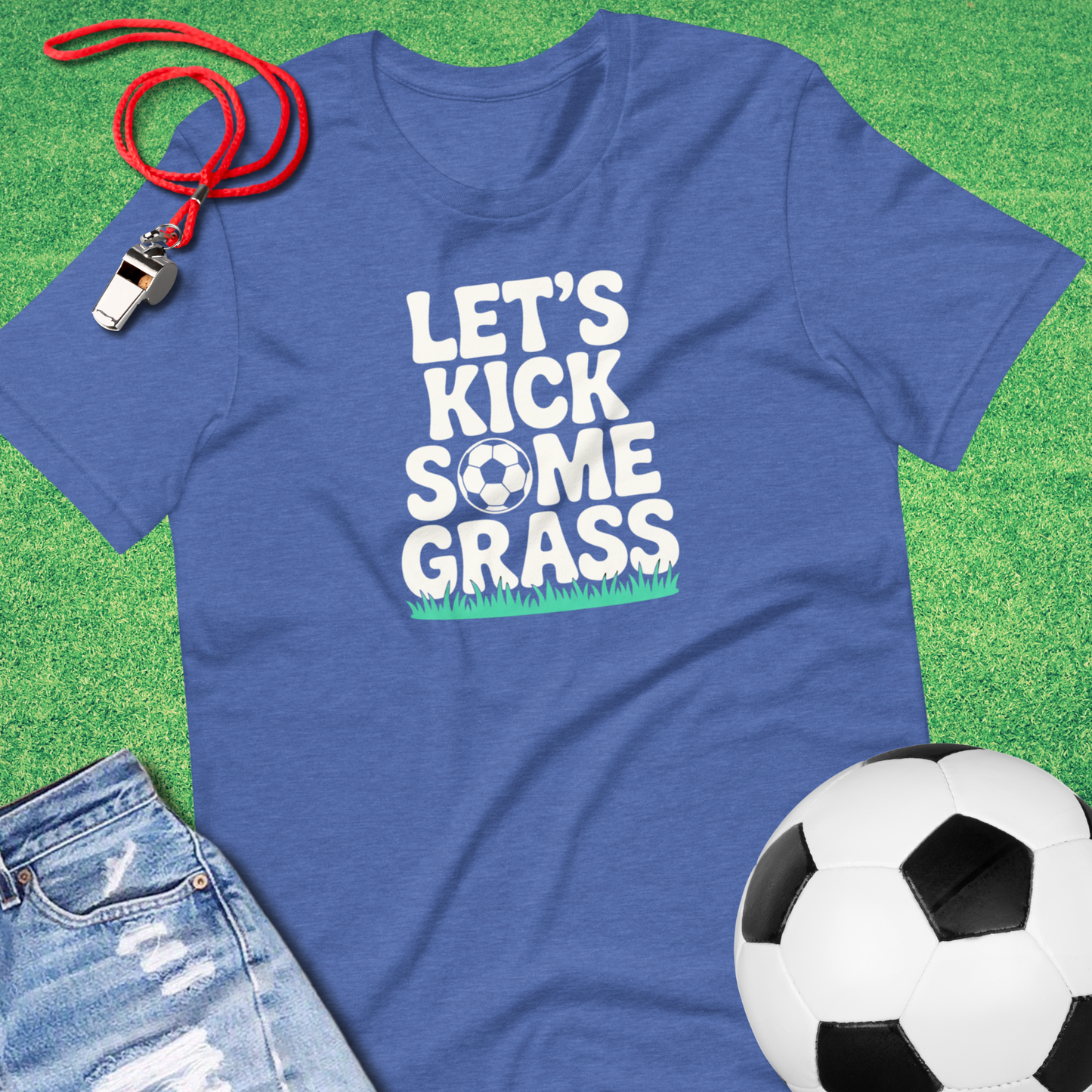 Kick Some Grass T-Shirt in Heather True Royal - Humorous Soccer T-Shirt | Sideline Gods