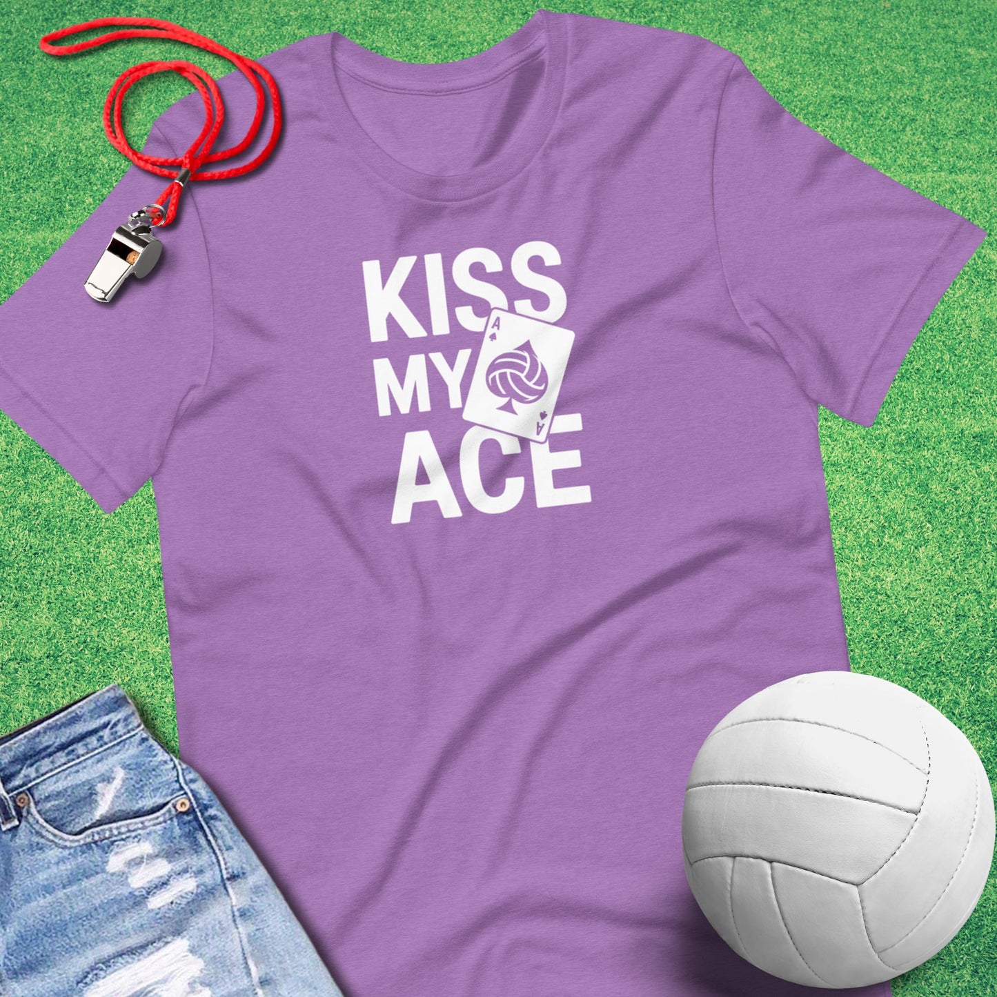 Kiss My Ace T-Shirt in Heather Team Purple - Volleyball T-Shirt for Players and Fans | Sideline Gods