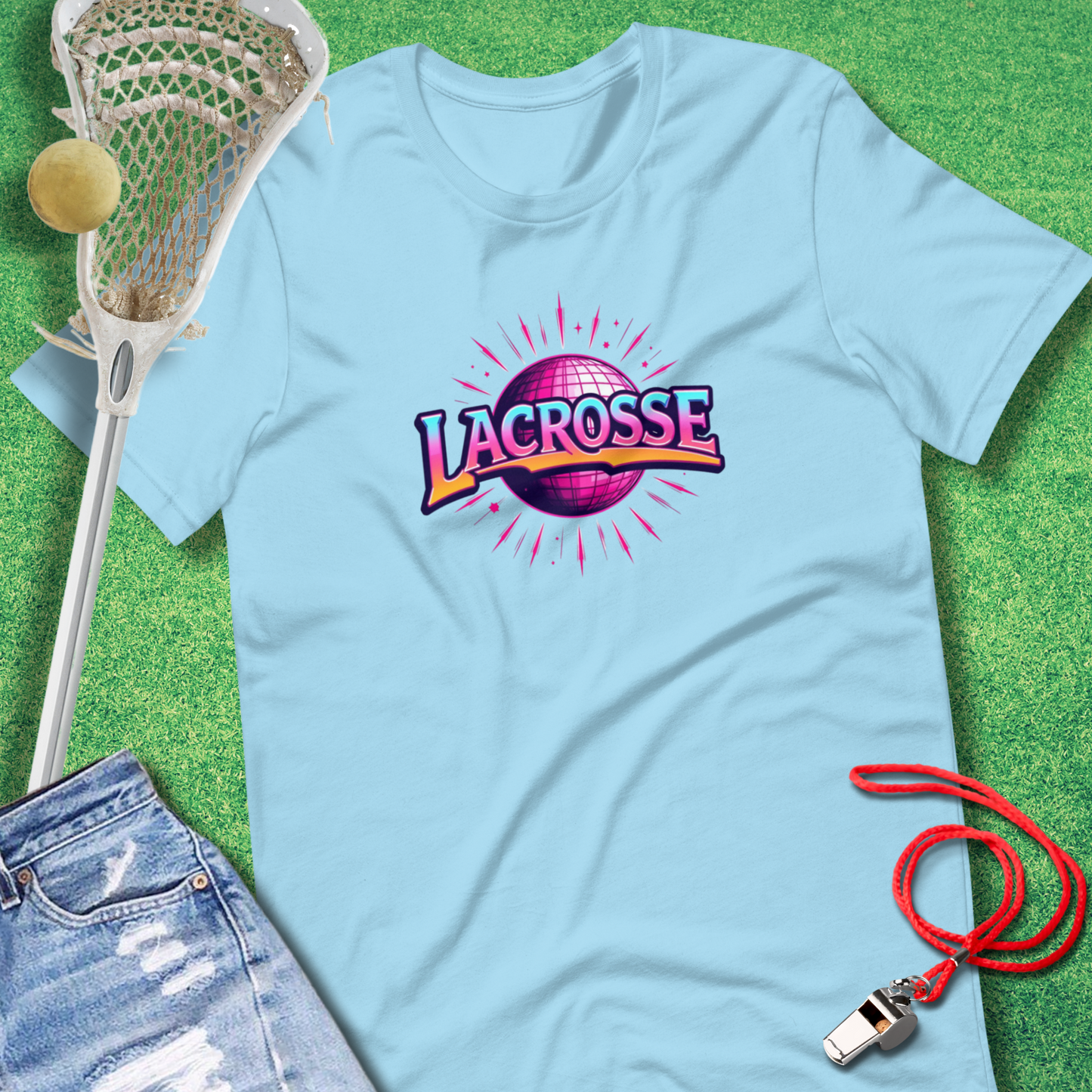 Lacrosse Disco T-Shirt in Ocean Blue - Retro Lacrosse Apparel for Players and Fans | Sideline Gods