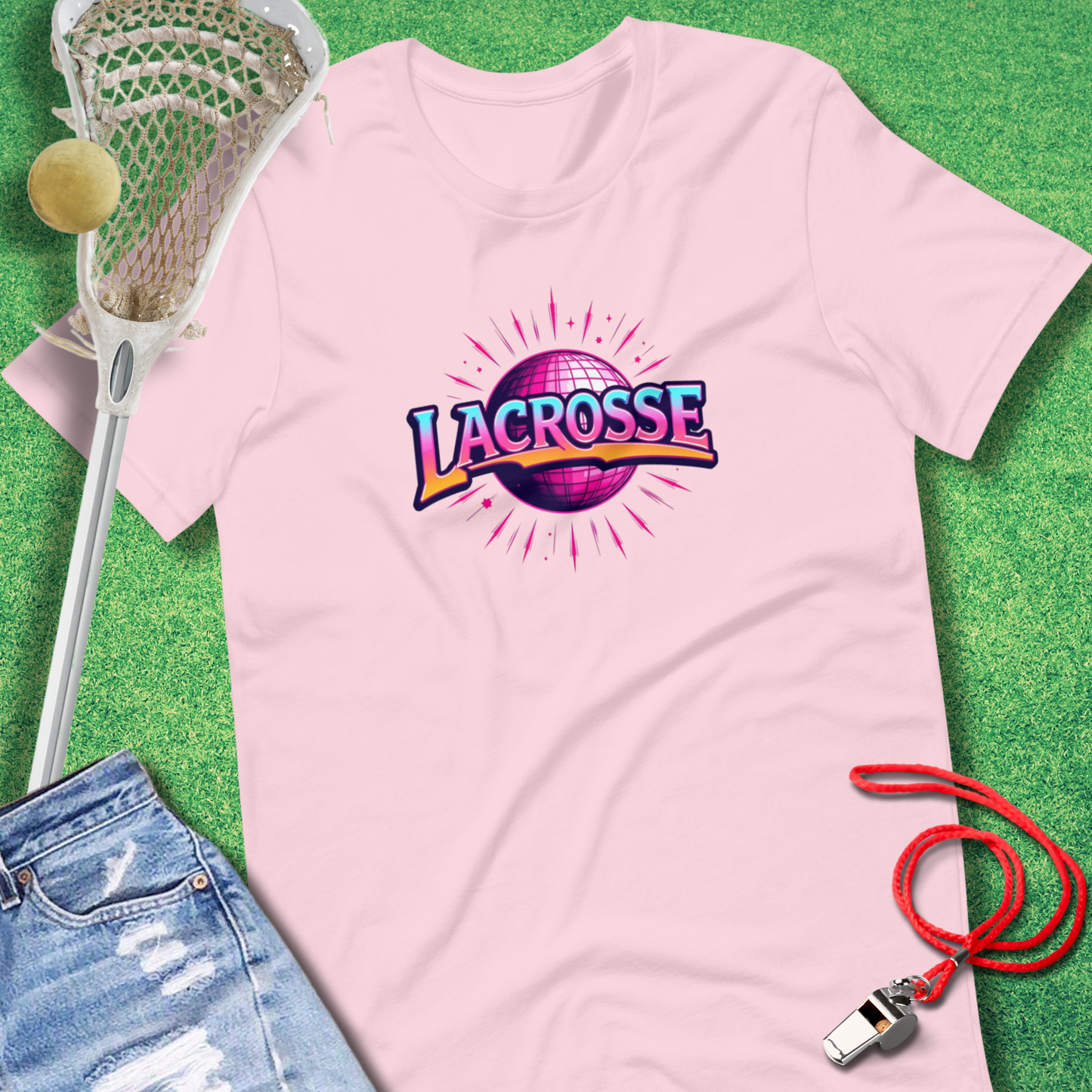 Lacrosse Disco T-Shirt in Soft Pink - Retro Lax Apparel for Players and Fans | Sideline Gods