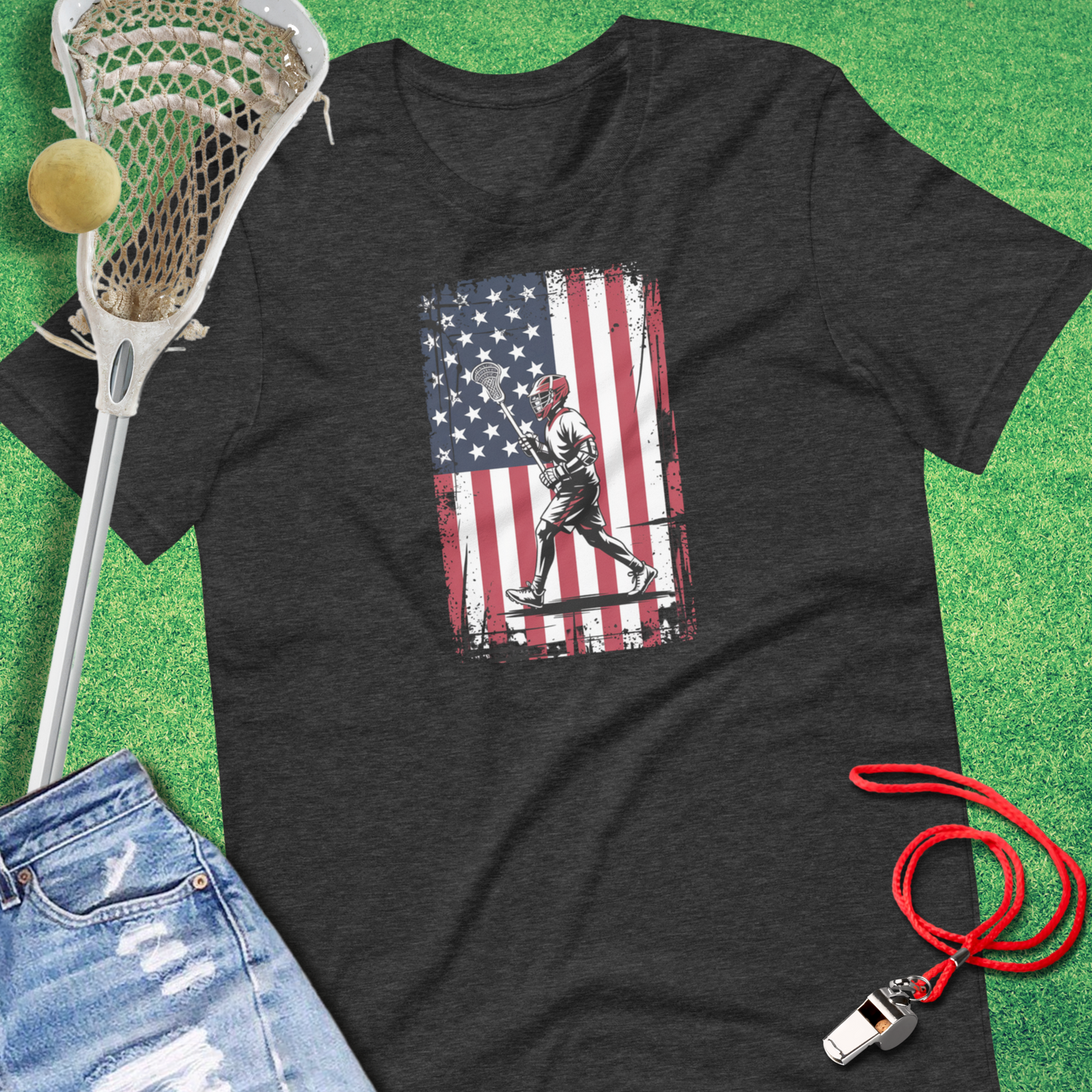Lacrosse Flag T-Shirt in Dark Grey Heather - Patriotic Lax T-Shirt | Sideline Gods
