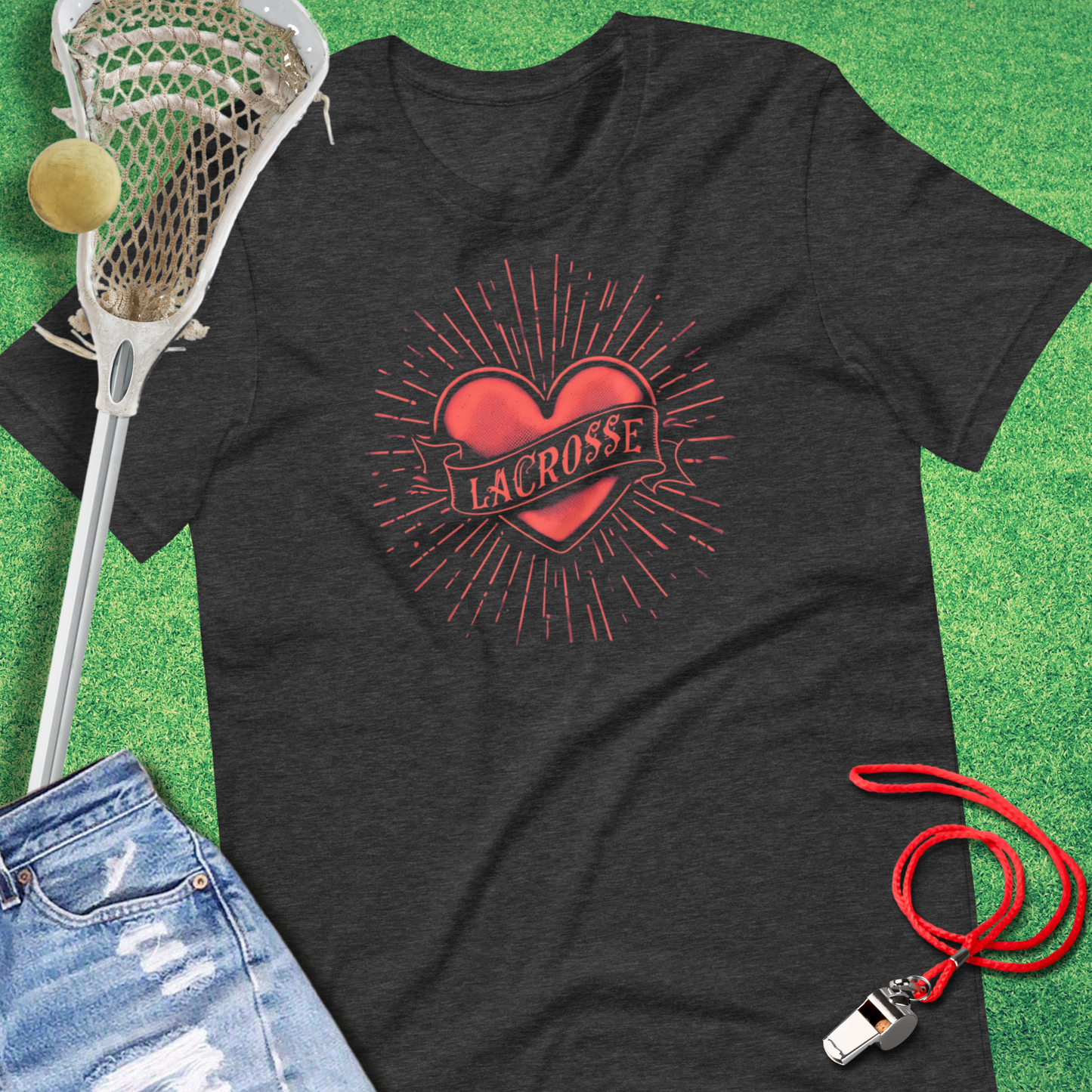 Lacrosse Heart Tattoo T-Shirt in Dark Grey Heather - Unique Lax T-Shirt for Players and Fans | Sideline Gods