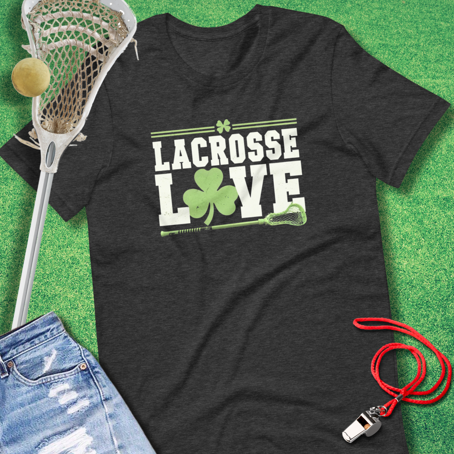 Lacrosse Love Shamrock T-Shirt in Dark Grey Heather - Shamrock Lacrosse Apparel for Players and Fans | Sideline Gods