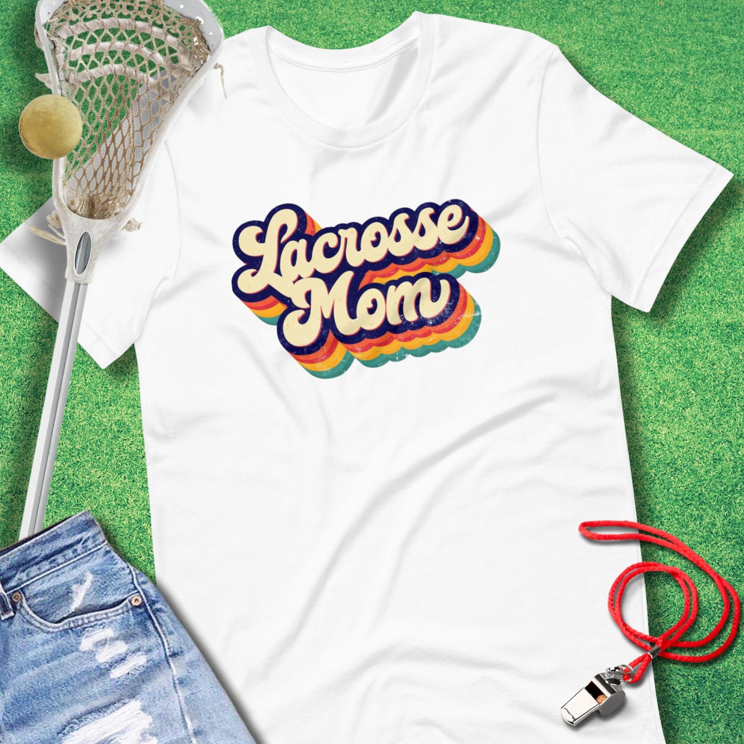 Lacrosse Mom Retro Rainbow T-Shirt in White - Lax Mom Gift | Sideline Gods