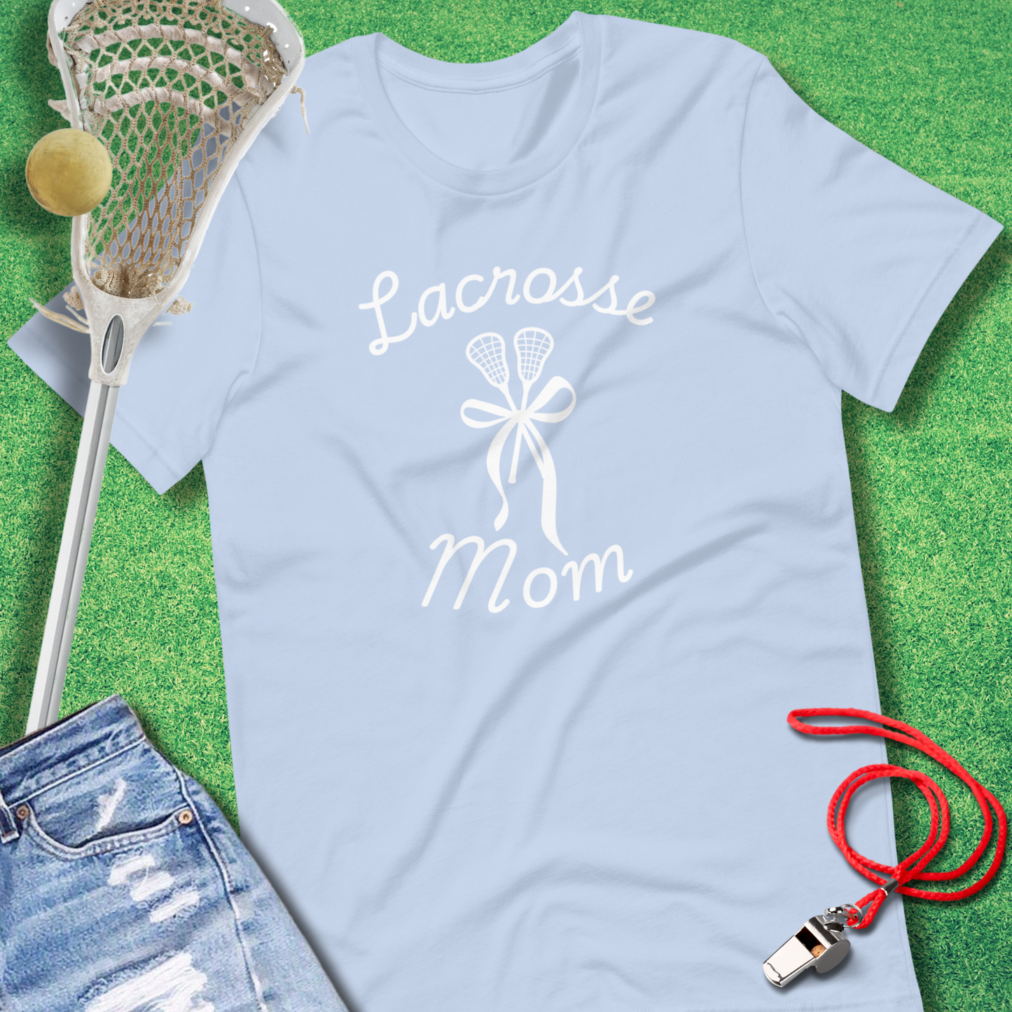 Lacrosse Mom: Sticks & Bows T-Shirt in Baby Blue - Lax Mom Gift | Sideline Gods