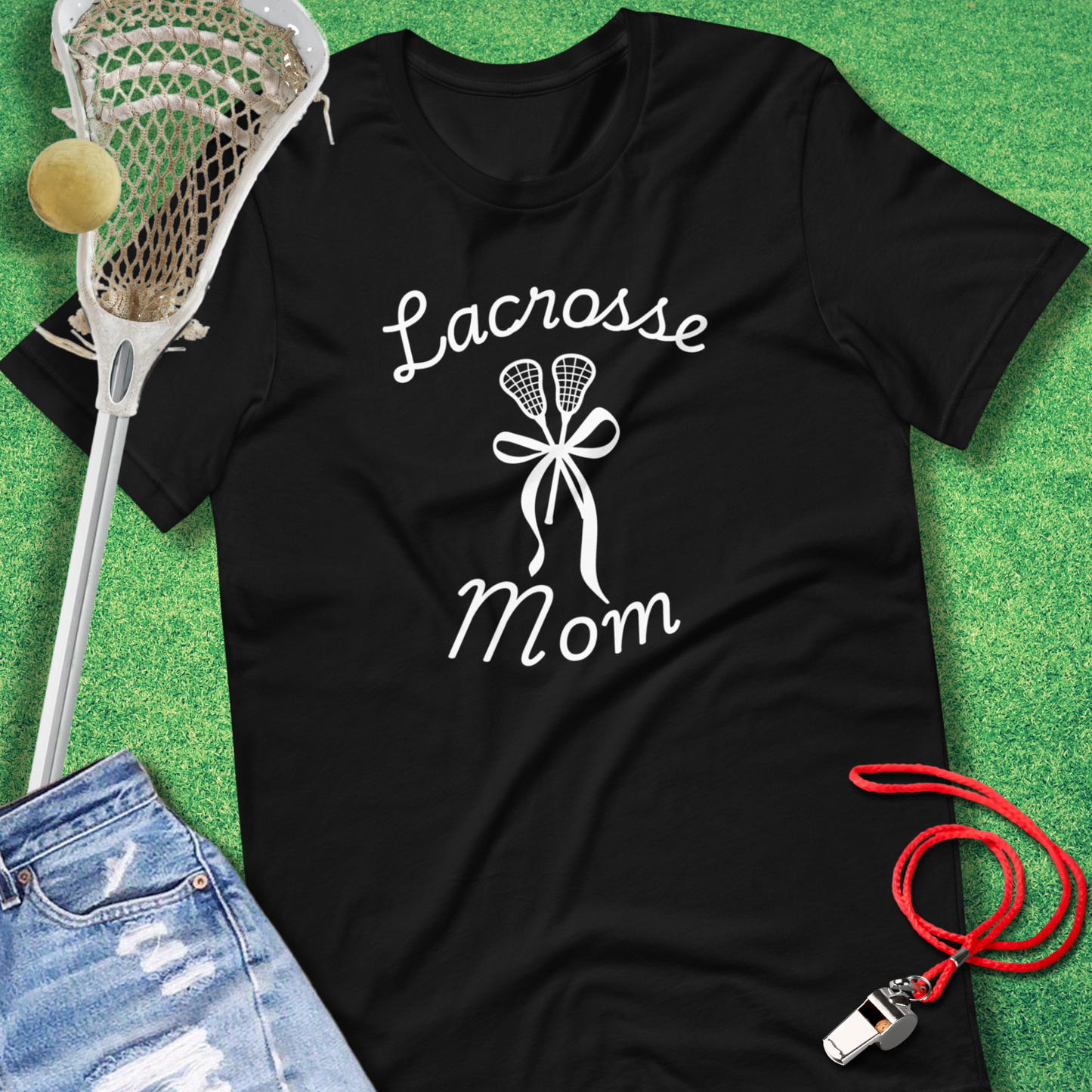 Lacrosse Mom: Sticks & Bows T-Shirt in Black - Lax Mom T-Shirt | Sideline Gods