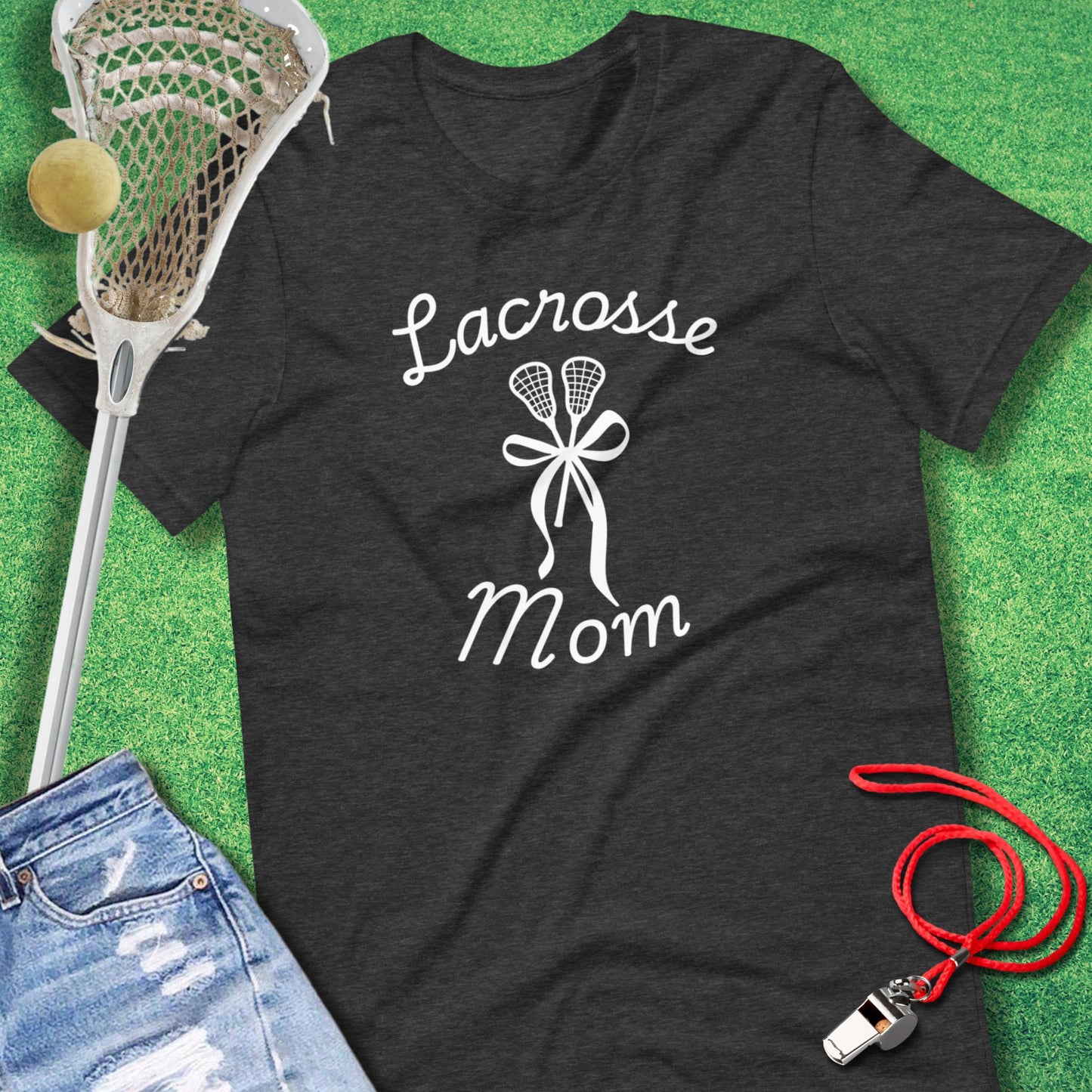 Lacrosse Mom: Sticks & Bows T-Shirt in Dark Grey Heather - Lacrosse Mom Tournaments T-Shirt | Sideline Gods