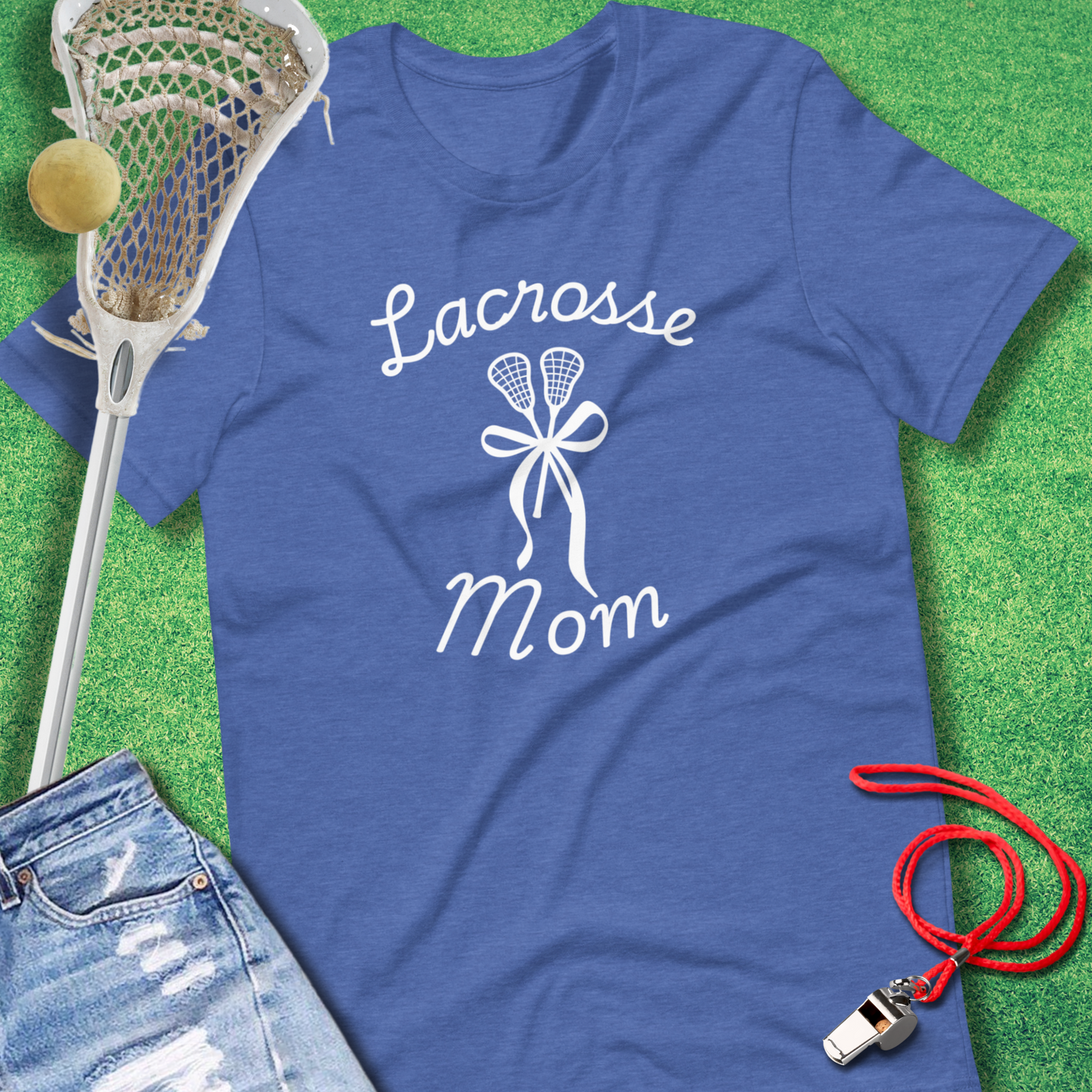 Lacrosse Mom: Sticks & Bows T-Shirt in Heather True Royal - Lacrosse Mom Tournament T-Shirt | Sideline Gods