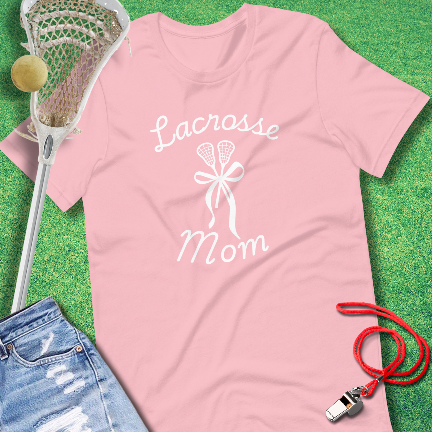 Lacrosse Mom: Sticks & Bows T-Shirt in Pink - Lacrosse Mom Gift | Sideline Gods