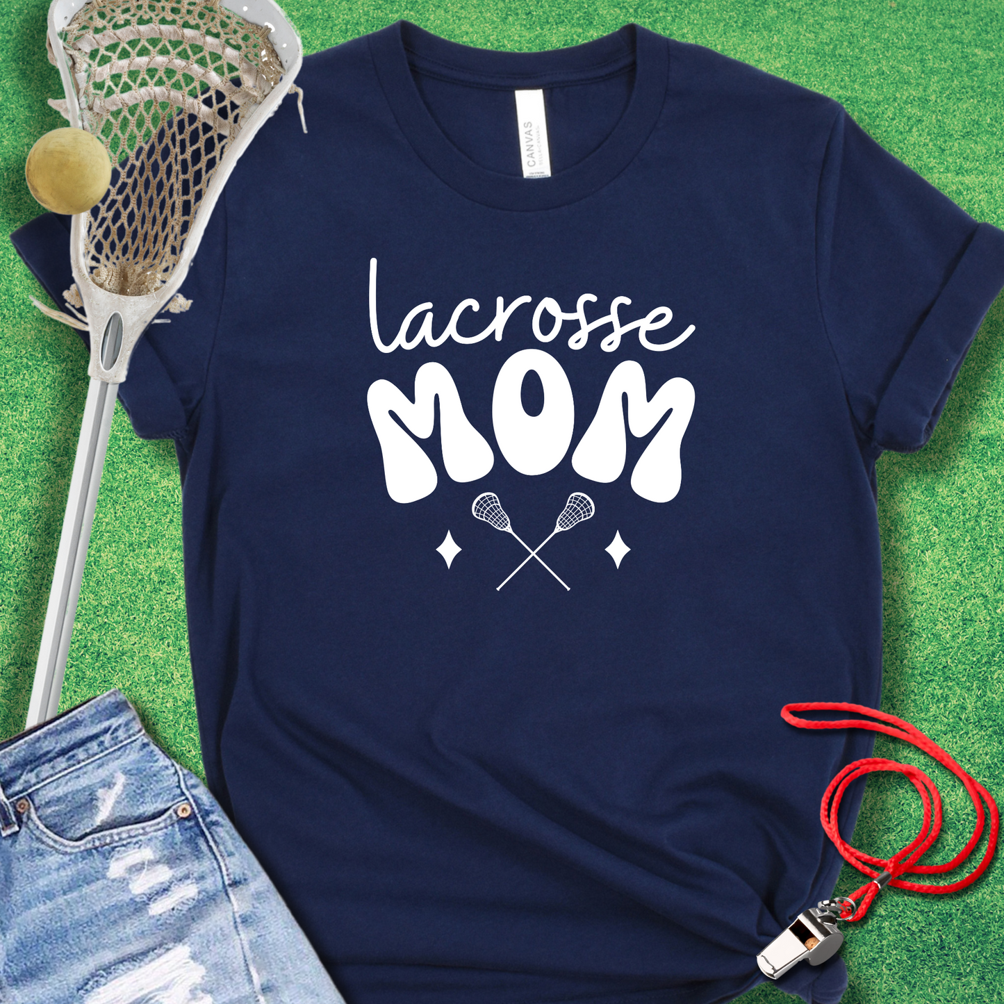 Lacrosse Mom: Vintage Vibes T-Shirt in Navy - Lacrosse Mom T-Shirt | Sideline Gods
