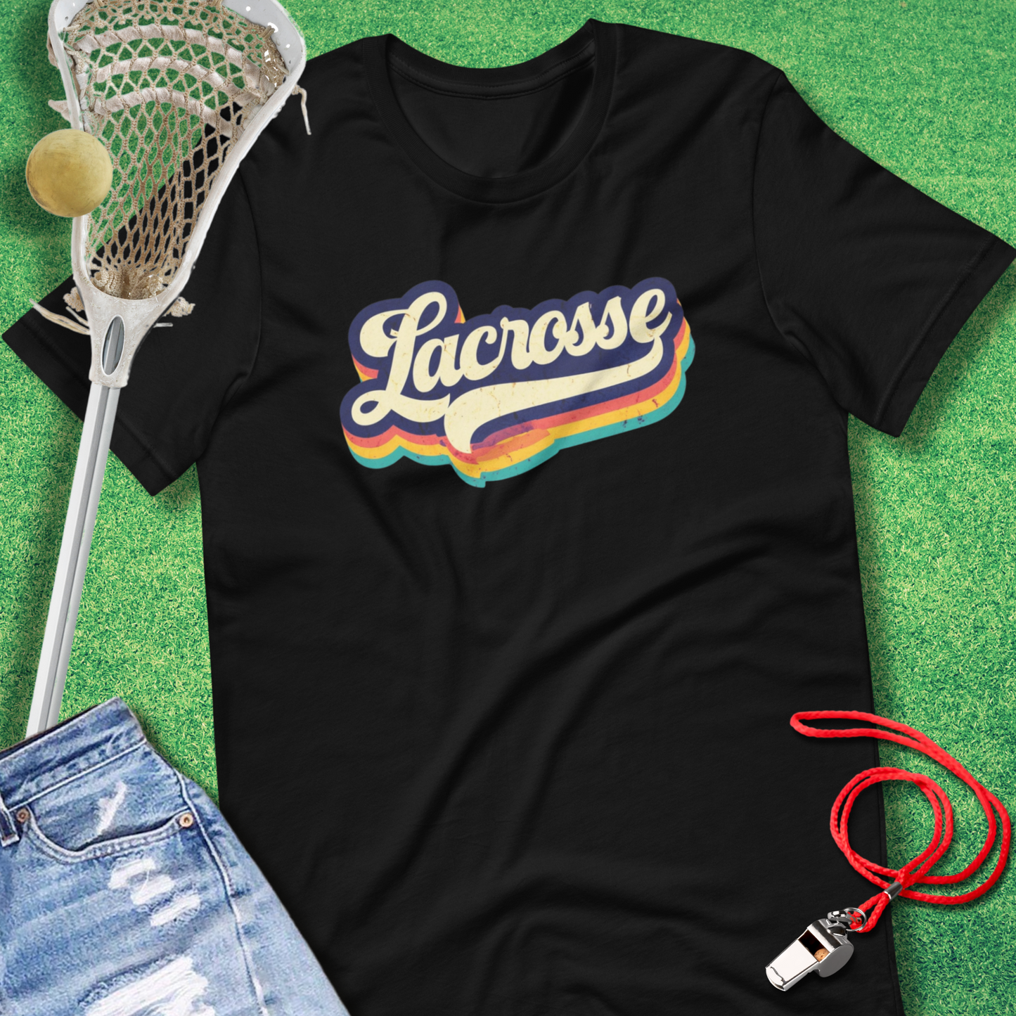 Lacrosse Retro Rainbow T-Shirt in Black - Bold Lacrosse Gear for Players and Fans | Sideline Gods