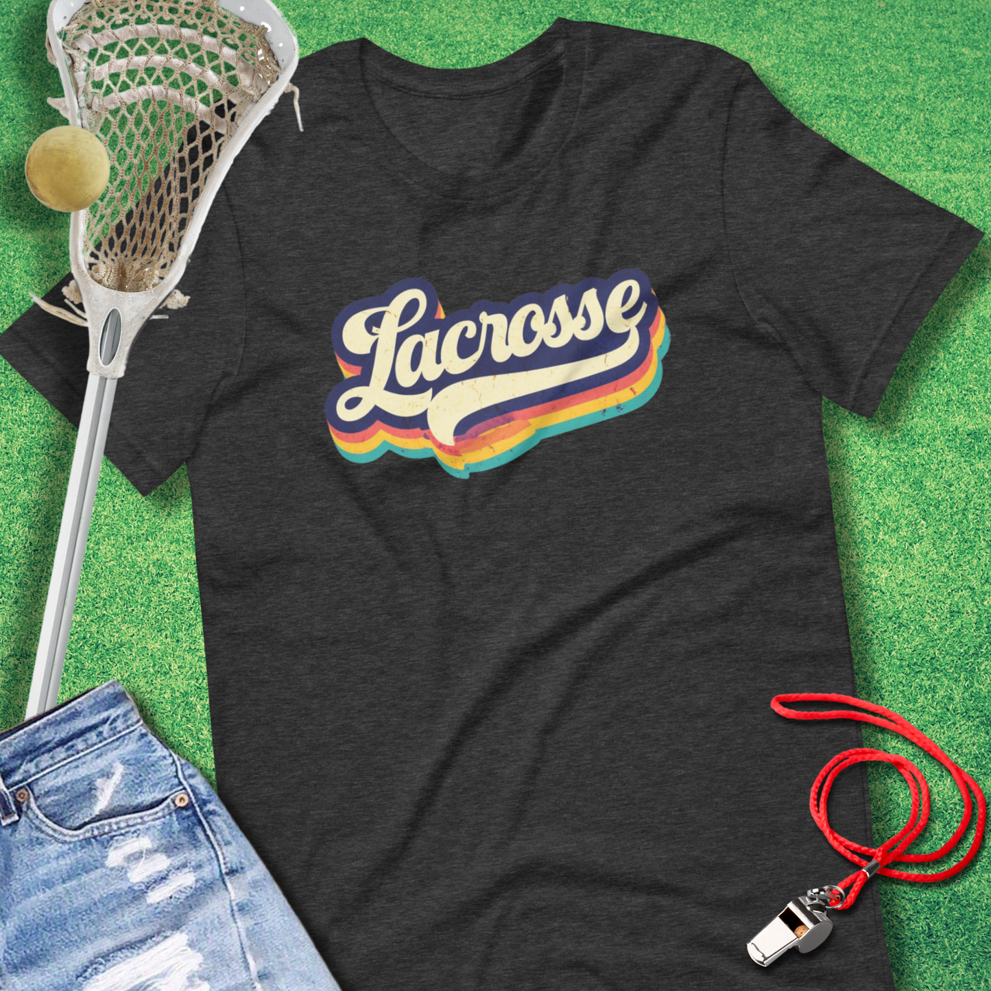 Lacrosse Retro Rainbow T-Shirt in Dark Grey Heather - Unique Lax T-Shirt for Players and Fans | Sideline Gods