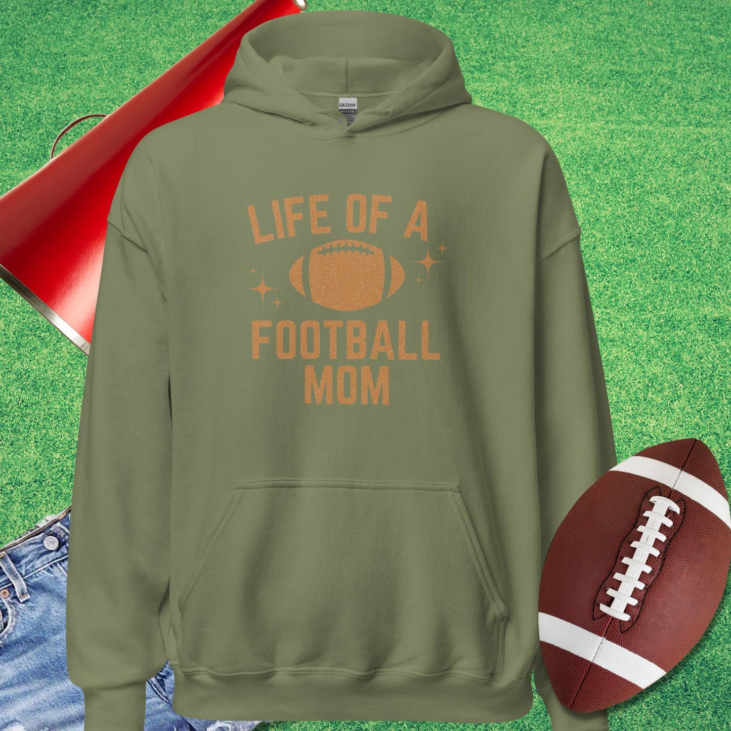 Life of a Football Mom Hoodie in Military Green - Football Mom Present Ideas by Sideline Gods