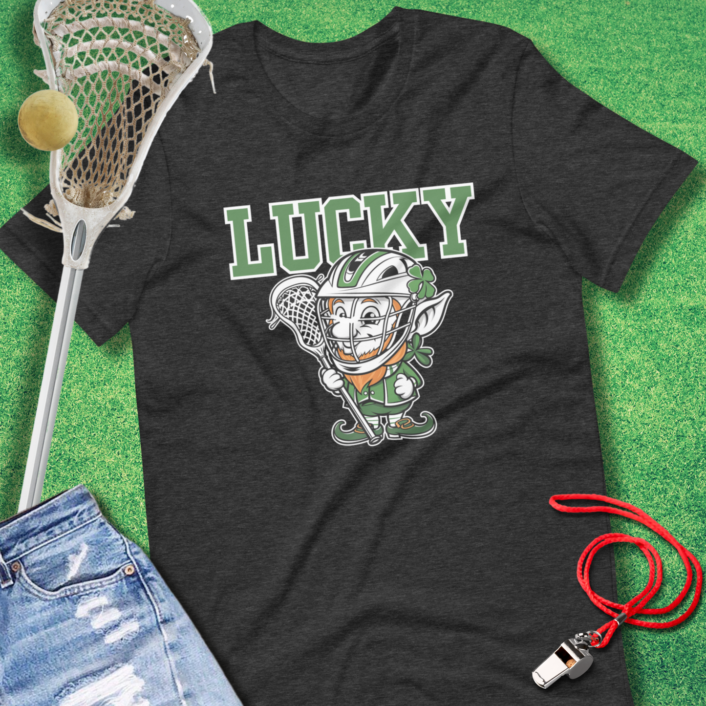 Lucky Lax Leprechaun T-Shirt in Dark Grey Heather - St Patrick's Day Lacrosse Gear for Players and Fans | Sideline Gods