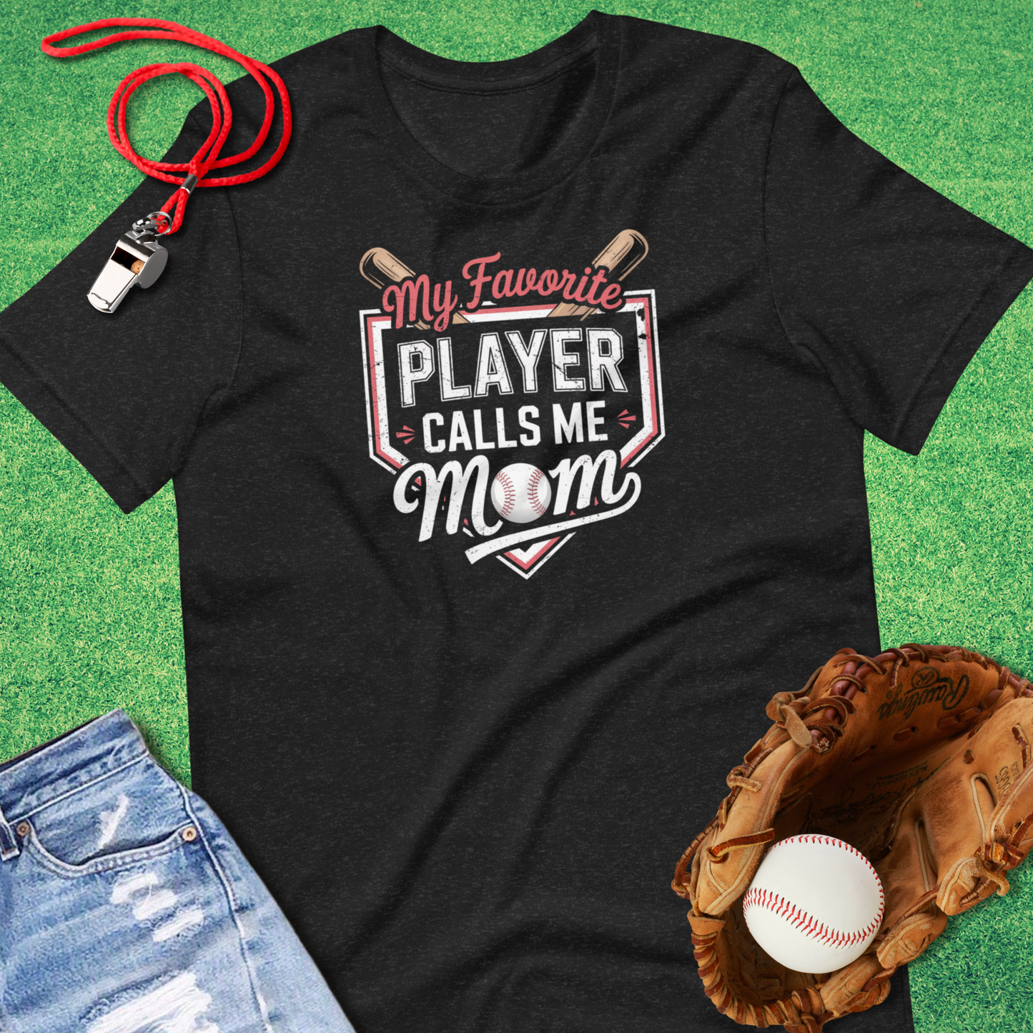 My Favorite Baseball Player Calls Me Mom T-Shirt in Black Heather - Baseball Mom Tournament T-Shirt | Sideline Gods