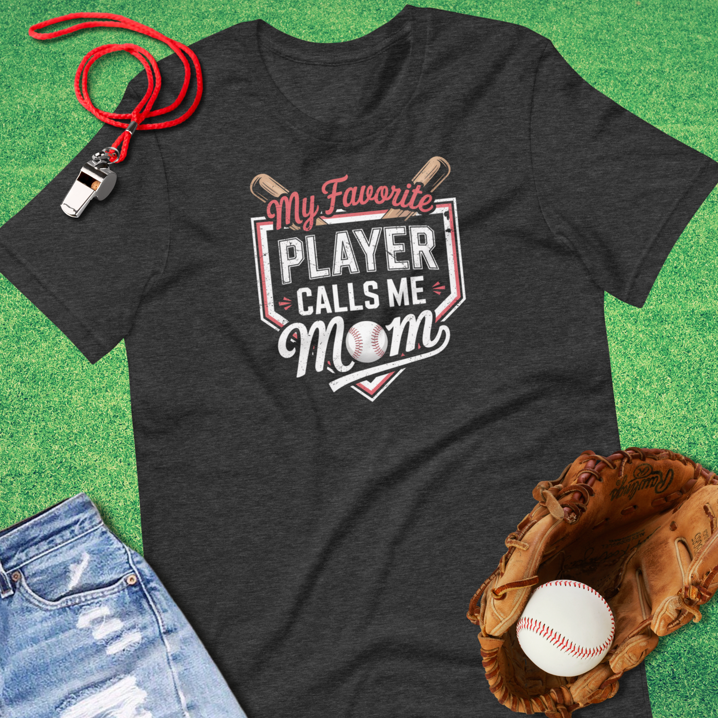 My Favorite Baseball Player Calls Me Mom T-Shirt in Dark Grey Heather - Ballpark Mom T-Shirt | Sideline Gods