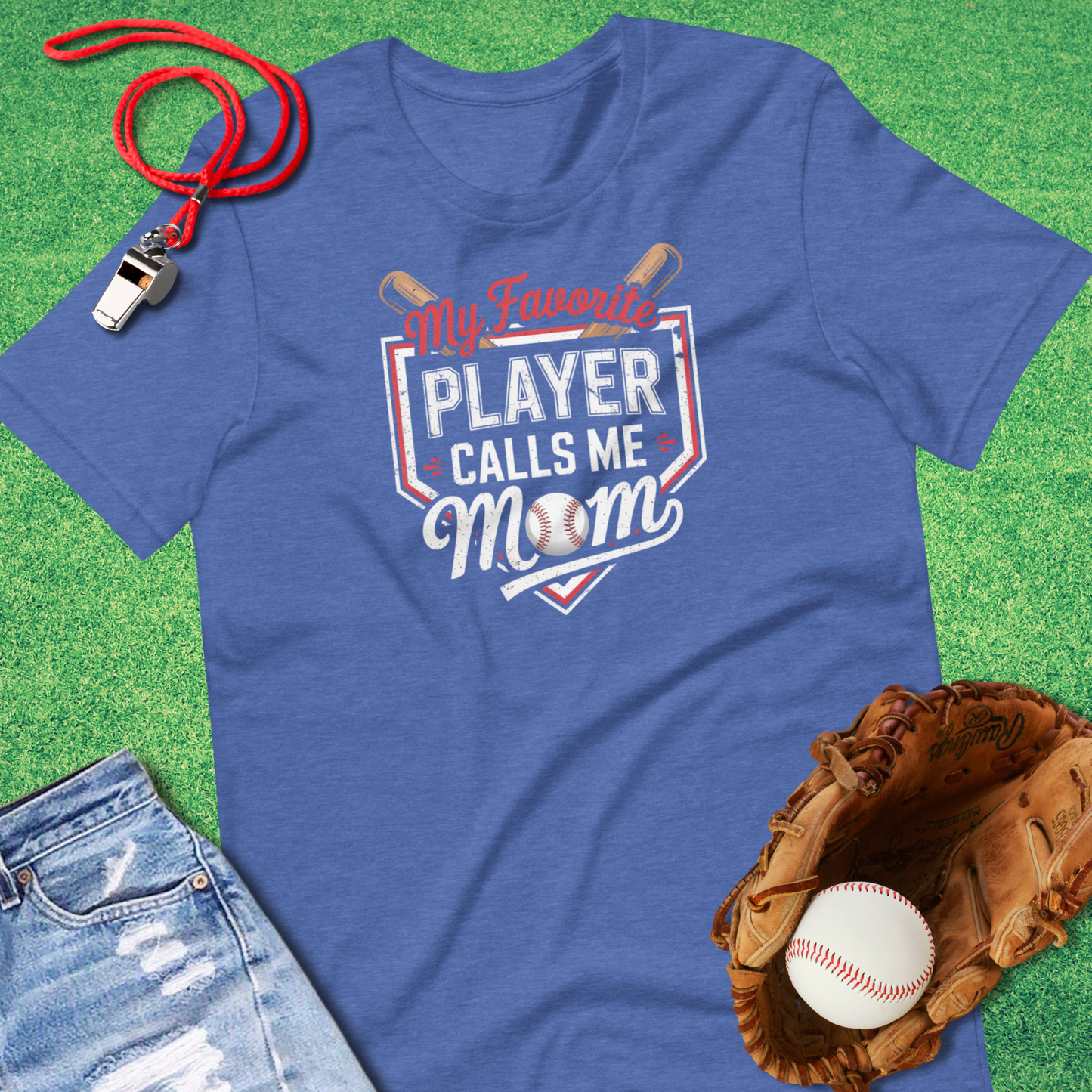 My Favorite Baseball Player Calls Me Mom T-Shirt in Heather True Royal - Baseball Mom Gift | Sideline Gods