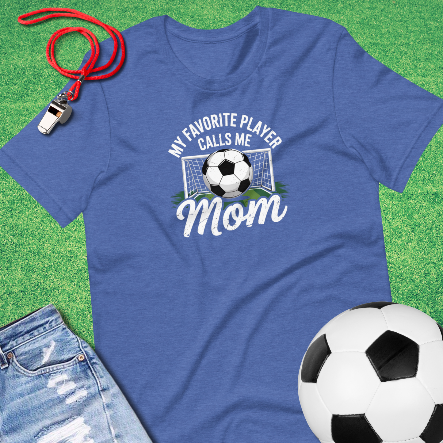 Graphic soccer shirt celebrating moms with playful slogan blue