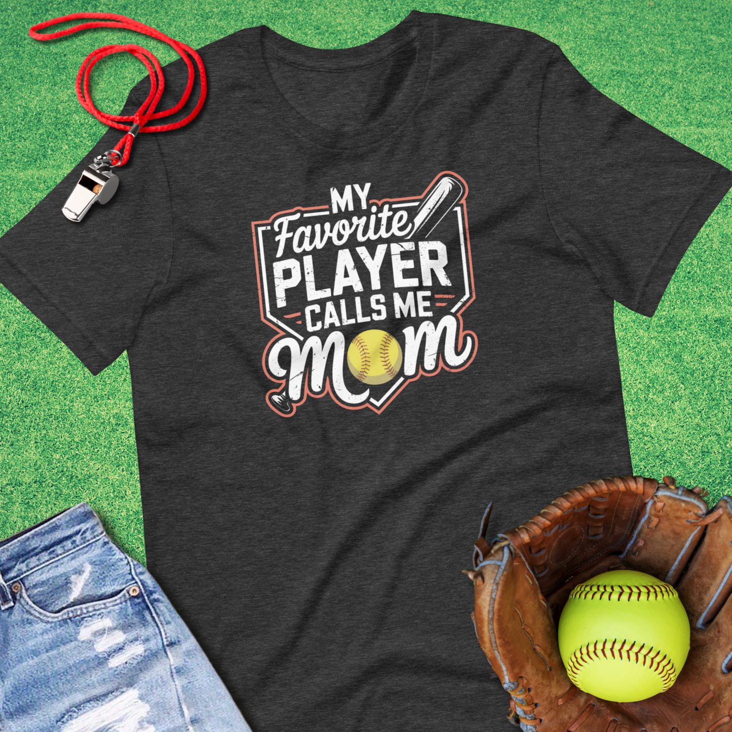 My Favorite Softball Player Calls Me Mom T-Shirt in Dark Grey Heather - Ballpark Mom T-Shirt | Sideline Gods