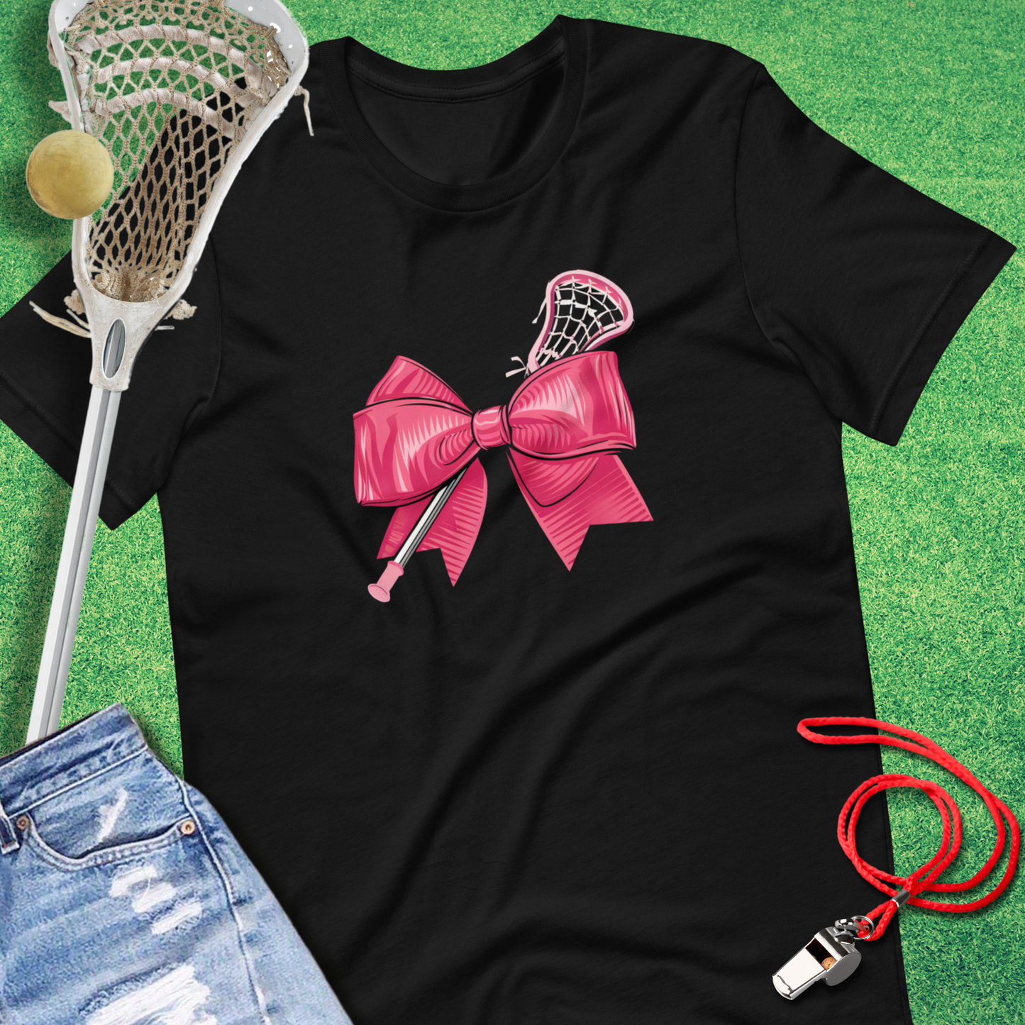 Pink Lacrosse Bow T-Shirt in Black - Lacrosse Mom Tournaments T-Shirt | Sideline Gods