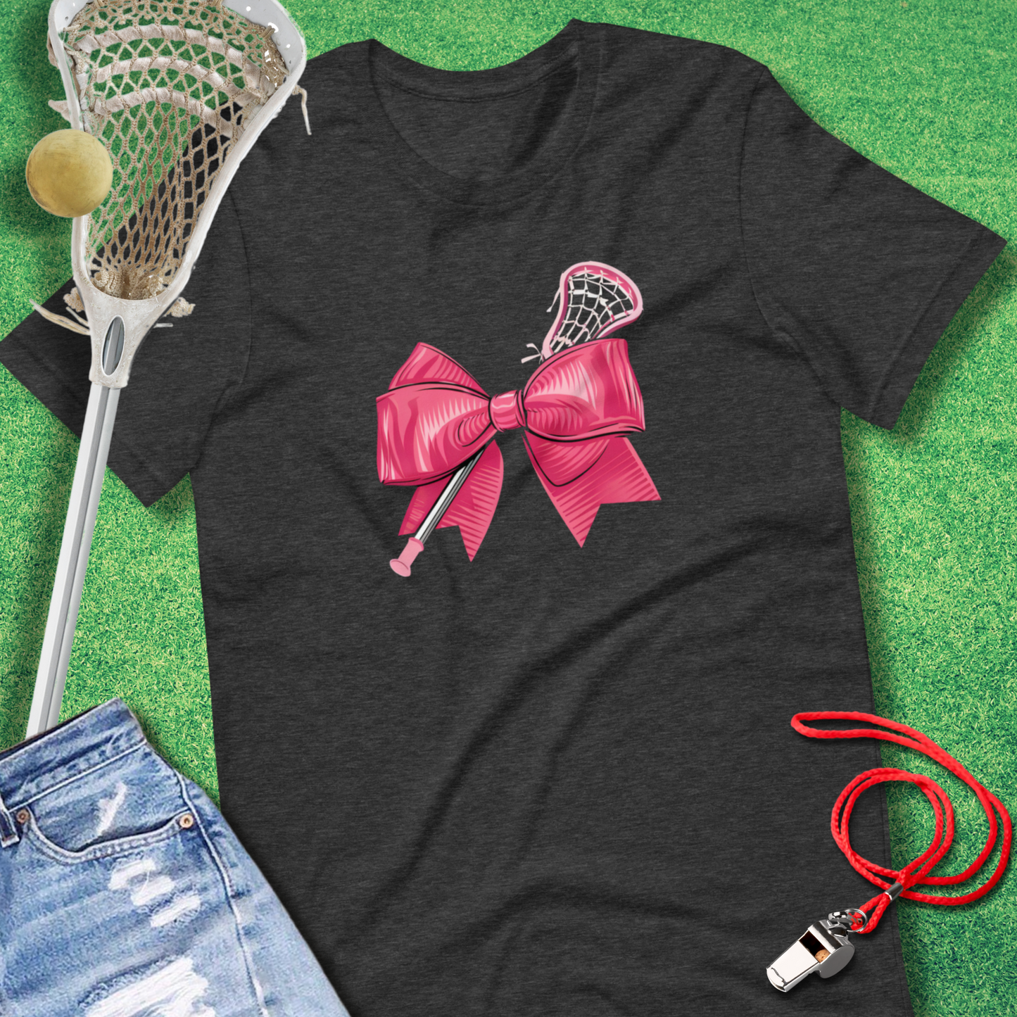 Pink Lacrosse Bow T-Shirt in Dark Grey Heather - Lax Mom Gift | Sideline Gods