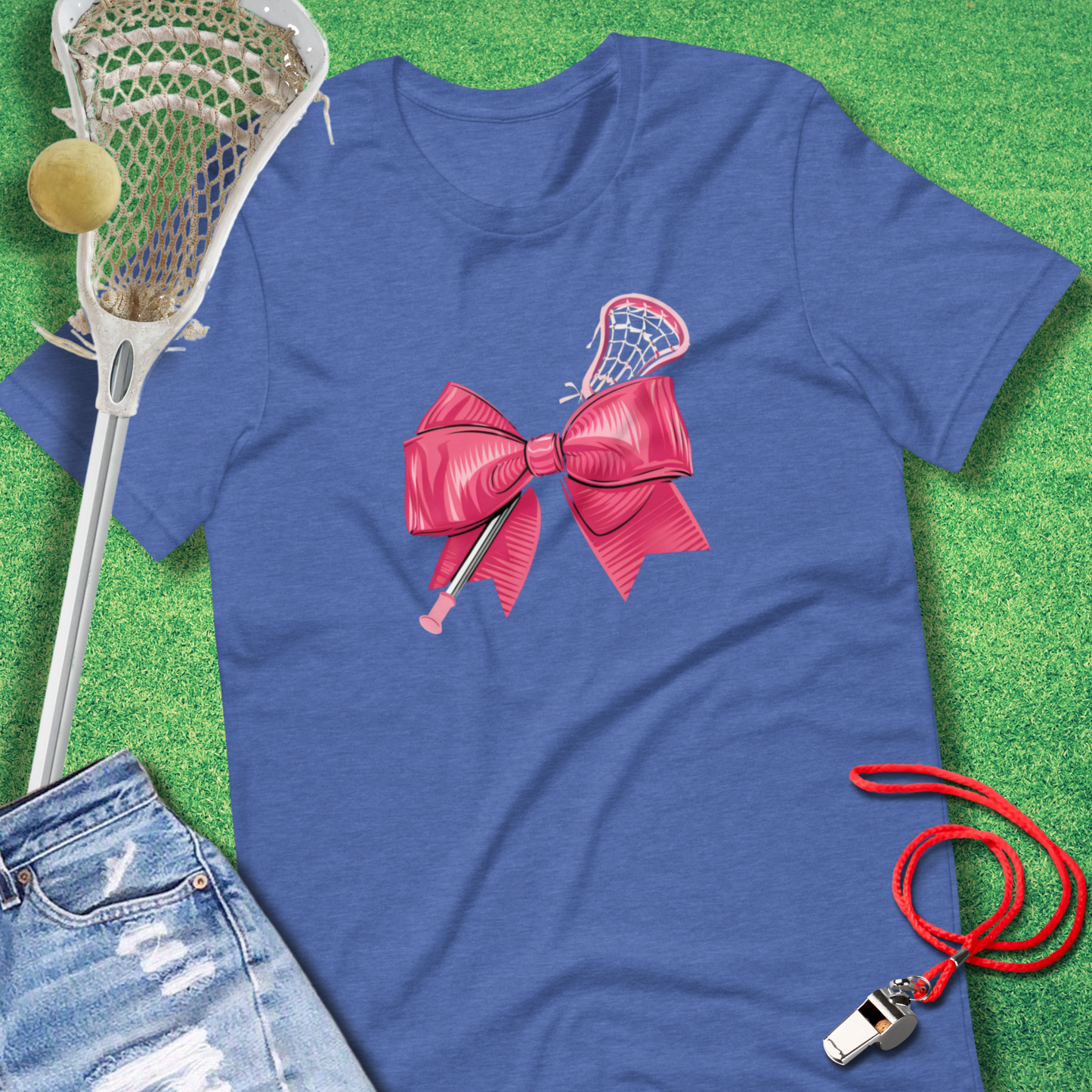 Pink Lacrosse Bow T-Shirt in Heather True Royal - Lacrosse Mom Gift | Sideline Gods