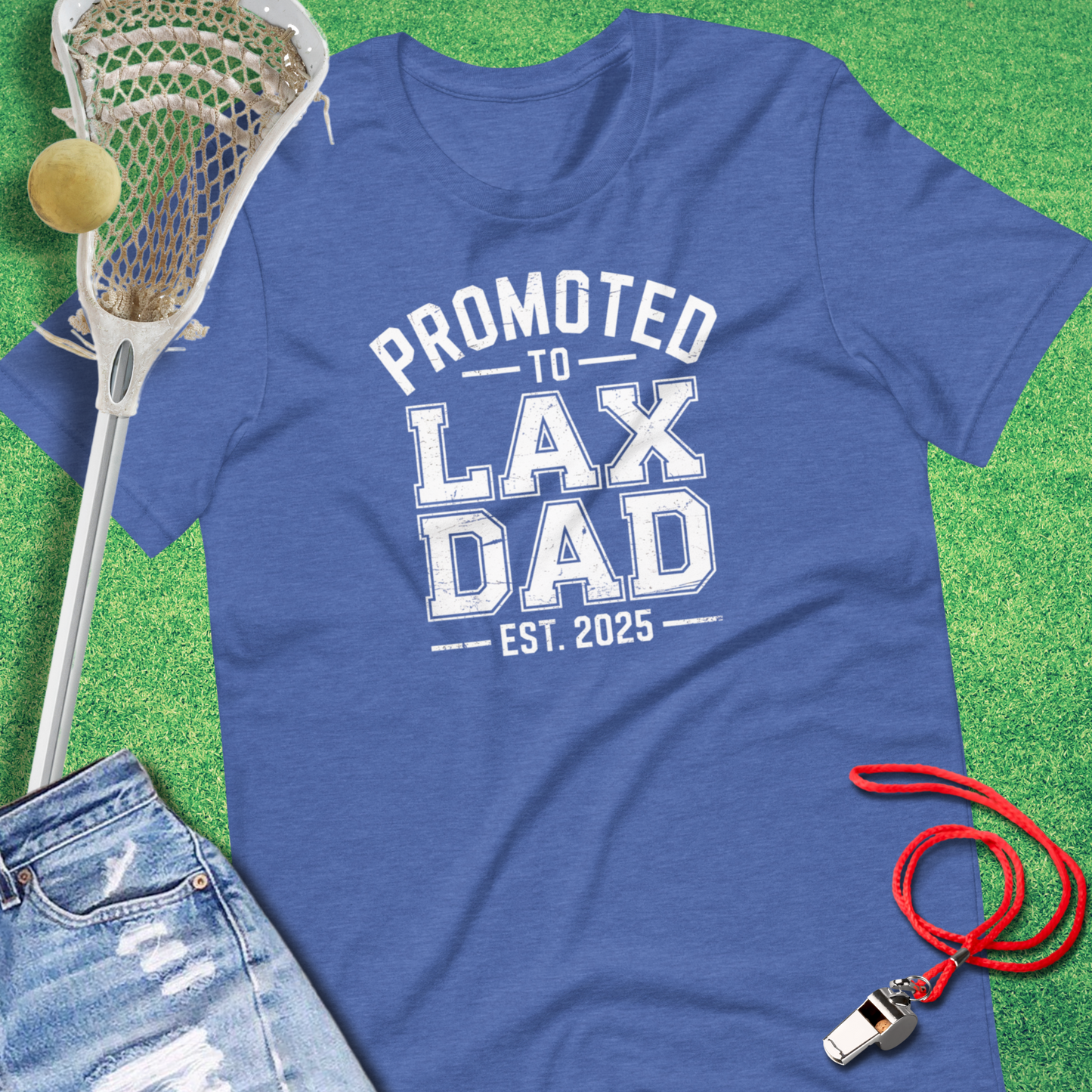 Promoted to Lax Dad T-Shirt in Heather True Royal - Lacrosse Dad Gift | Sideline Gods