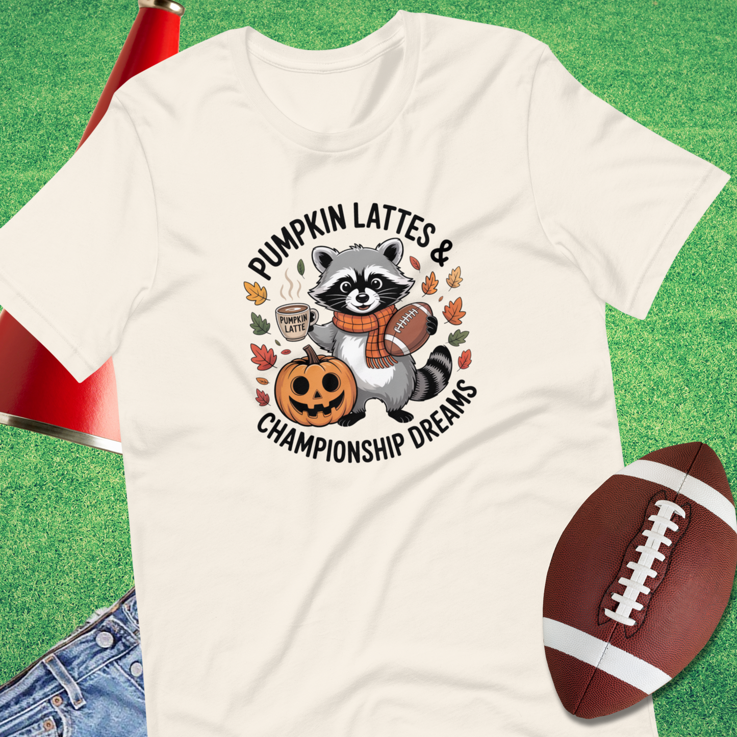 Pumpkin Lattes and Championship Dreams T-Shirt in vintage white – cozy fall tee